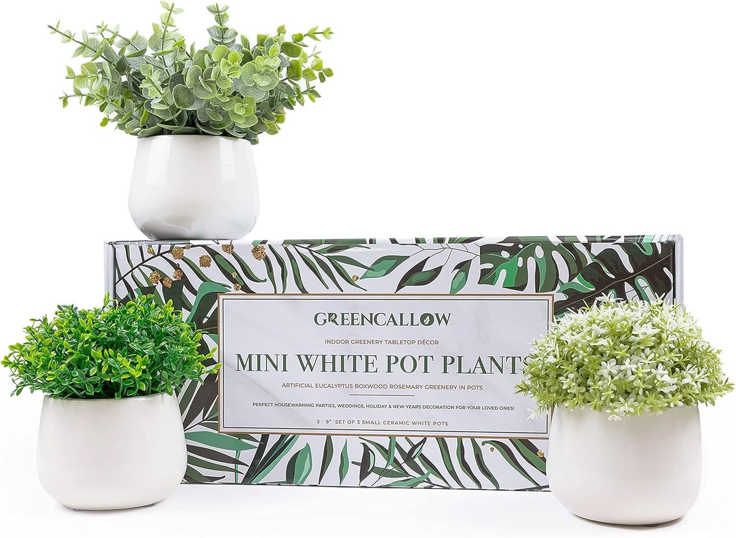 Artificial Plants for Home Decor Indoor. 4 Mini Plants, Rosemary Faux Plant Decor, Eucalyptus Plant, Grass Plants. Small Fake Shelf or Desk Greenery Décor (Ceramic-3)