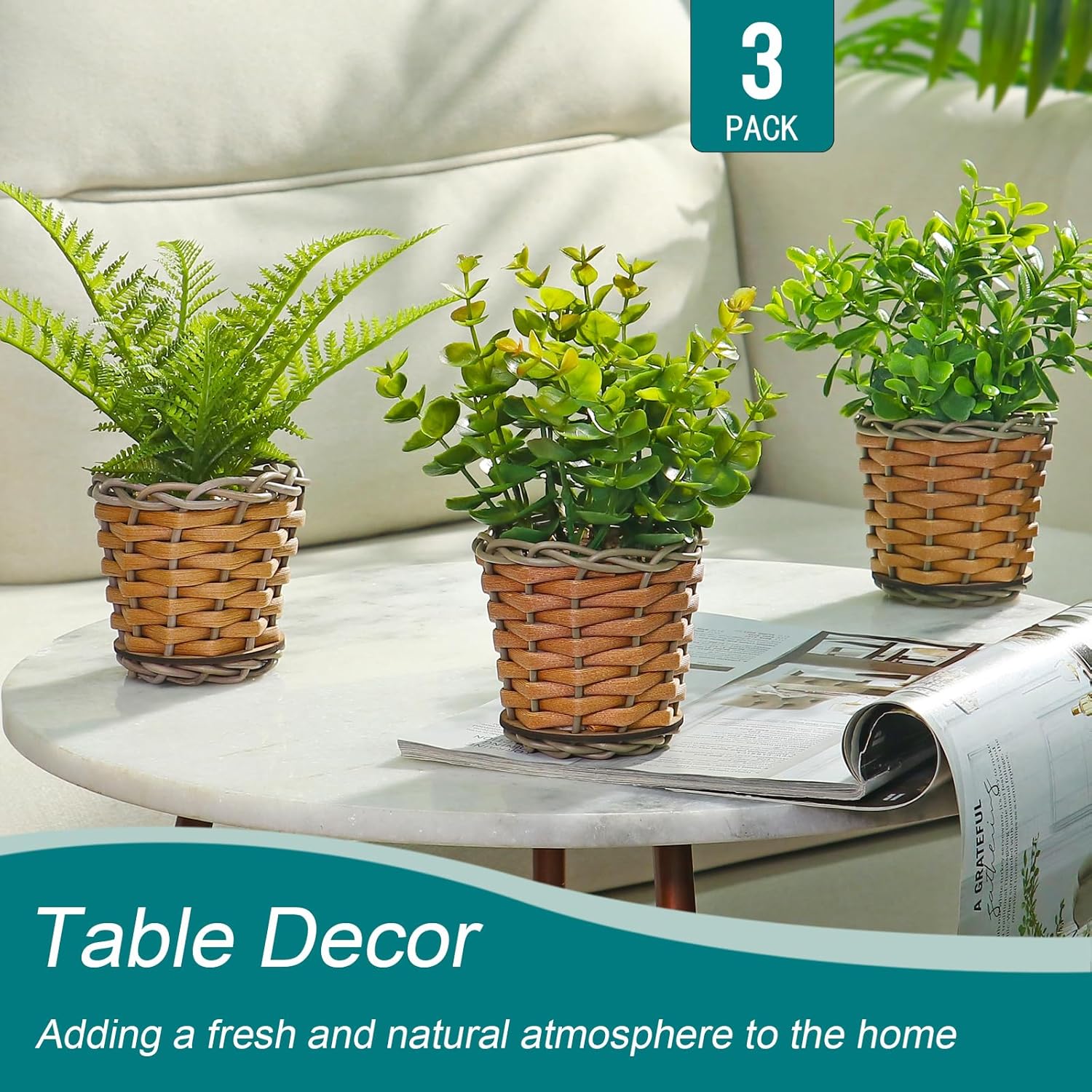 Small Fake Plants, 3 Pack Mini Potted Artificial Fern, Eucalyptus, Aglaia Odorata Plant in Rattan Pots, for Farmhouse, Home Decor, Office, Bathroom, Desk, Indoor & Outdoor