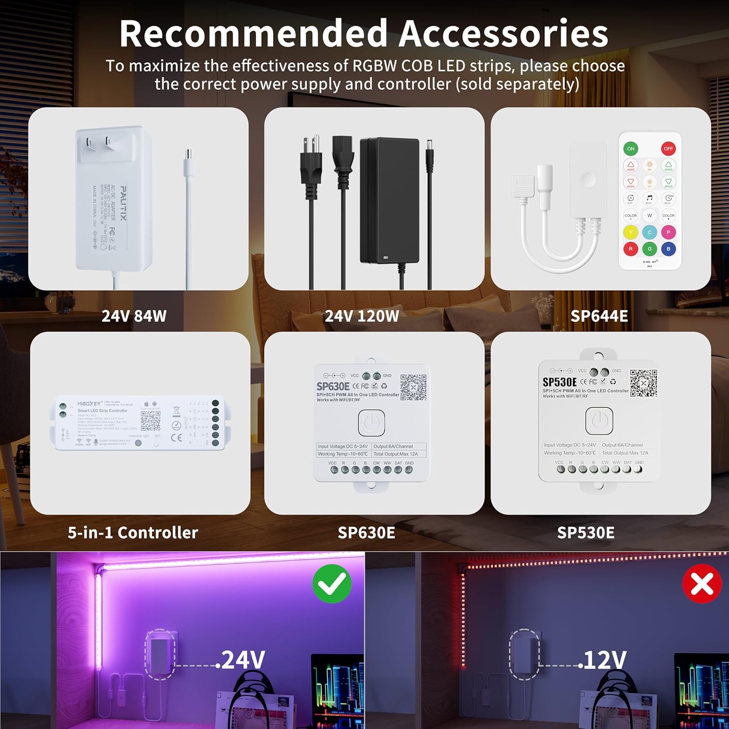 PAUTIX COB LED Strip Lights,RGBW LED Lights RGB+2700K Warm White UL Listed Dotless 24V Color Changing LED Tape Light for Ceiling,Cabinets,Bedroom,Party Lighting(Power Supply & Controller Not Included)
