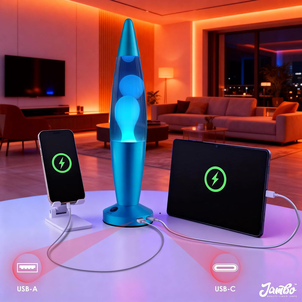 JAMBO Beautiful Liquid Lamp with USB Ports,16" Motion Light with Blue Liquid White Wax, Relaxing Nightlight, Mood Light for Bedroom, Living Room, Office - Adults, Teens, Kids