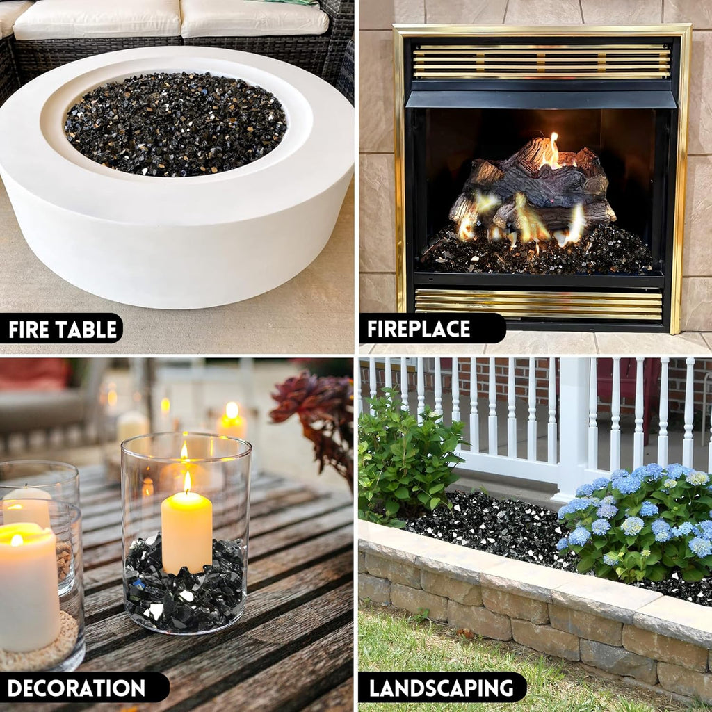 GasSaf 1/4 Inch Fire Glass Reflective Tempered Fireglass Cut Crushed FireGlass for Fire Pit, Fireplace, Replaces Existing Gas Logs & Lava Rocks (10 Pound)(Black Reflective)