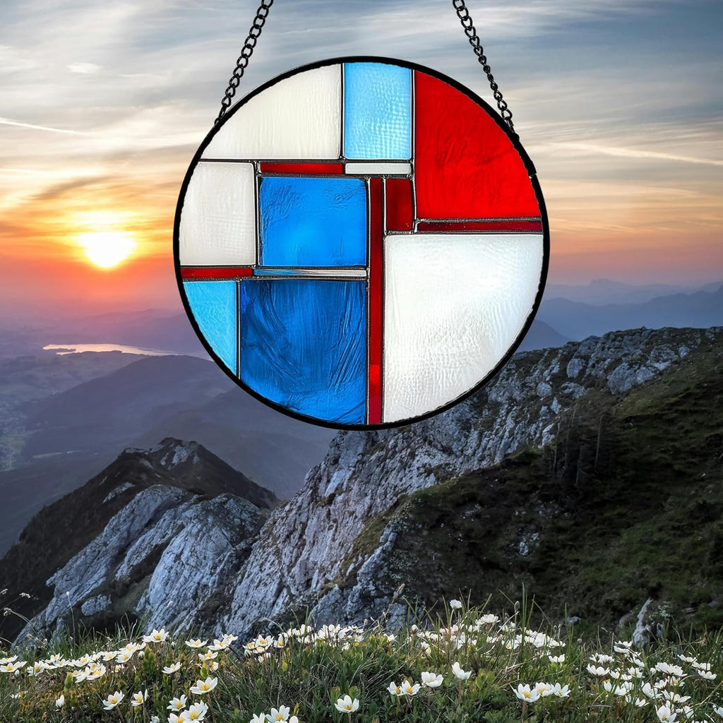 Stained Glass Window Hanging 4 Pcs Set Abstract Flowers in Red White Blue Large 15" - Suncatcher Door Garden Sun Catcher Decor Birthday Mother's Day Xmas Gift for Mom Woman Nana Men Parents