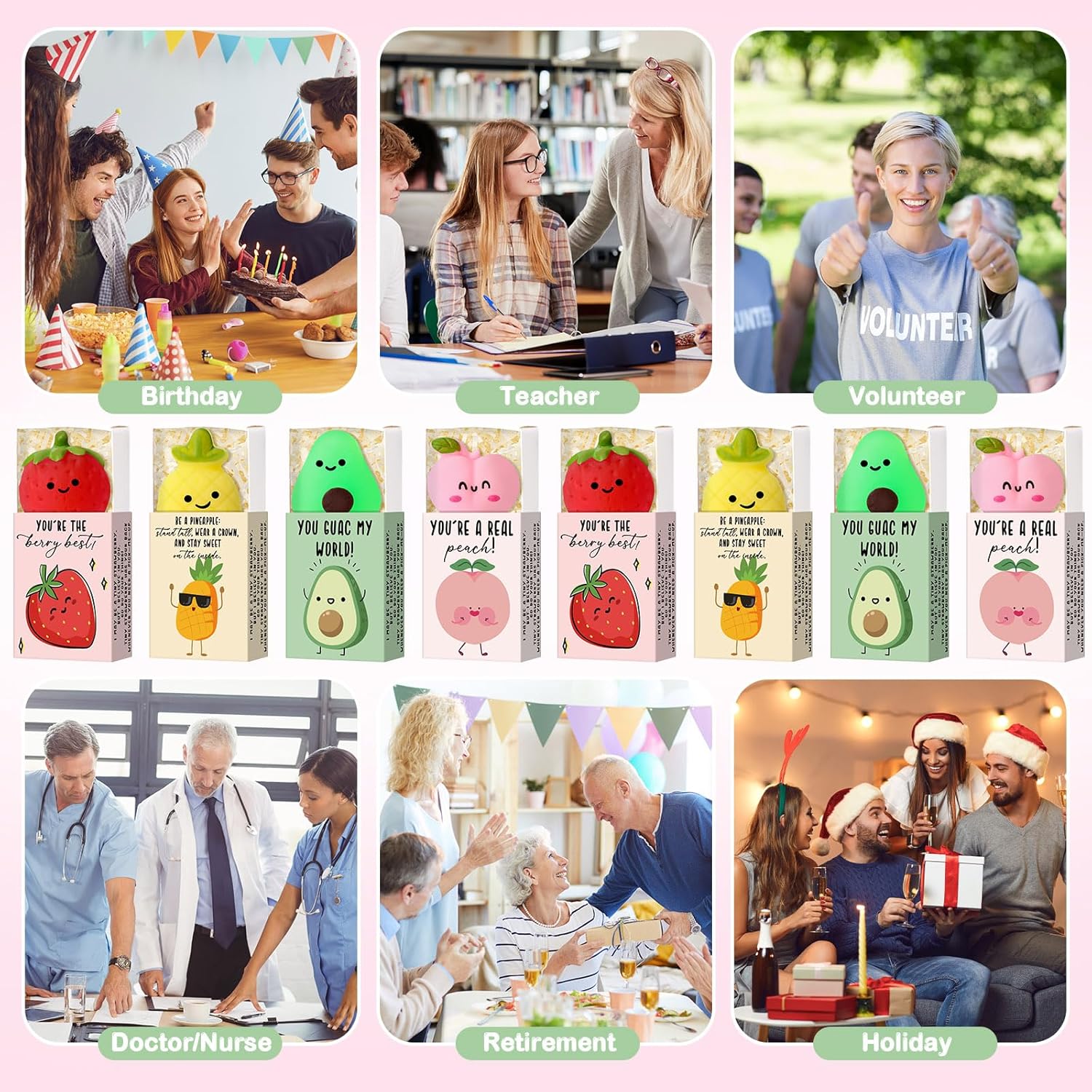 Wettarn 24 Sets Appreciation Fruit Gifts Cute Stress Balls with Support Gift Boxes Inspirational Party Favors for Employee Coworker Friends Office Positive Relief Toys