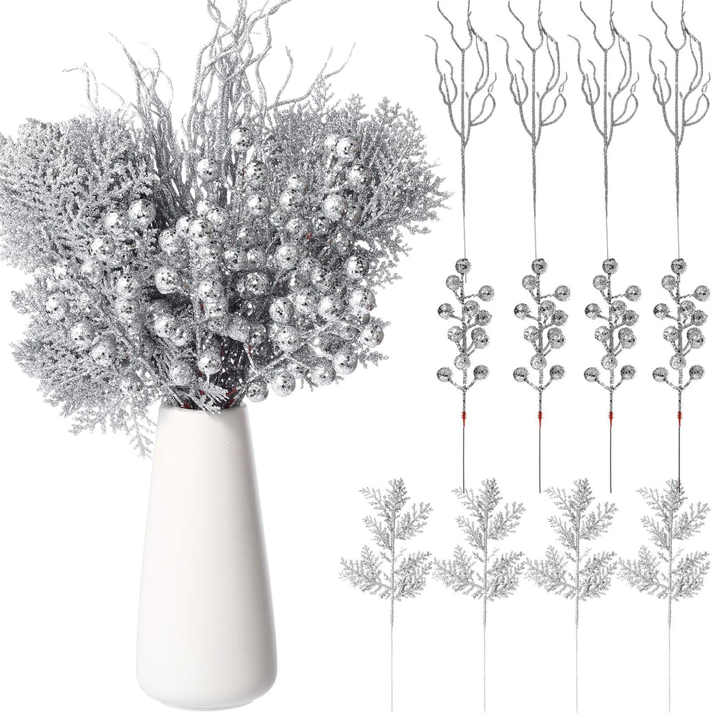 75 Pcs Christmas Glitter Branches 3 Styles Artificial Christmas Picks Berries Stems Pine Needles Floral Twig Spray for Xmas Tree Ornaments DIY Wreath Garland(Silver)