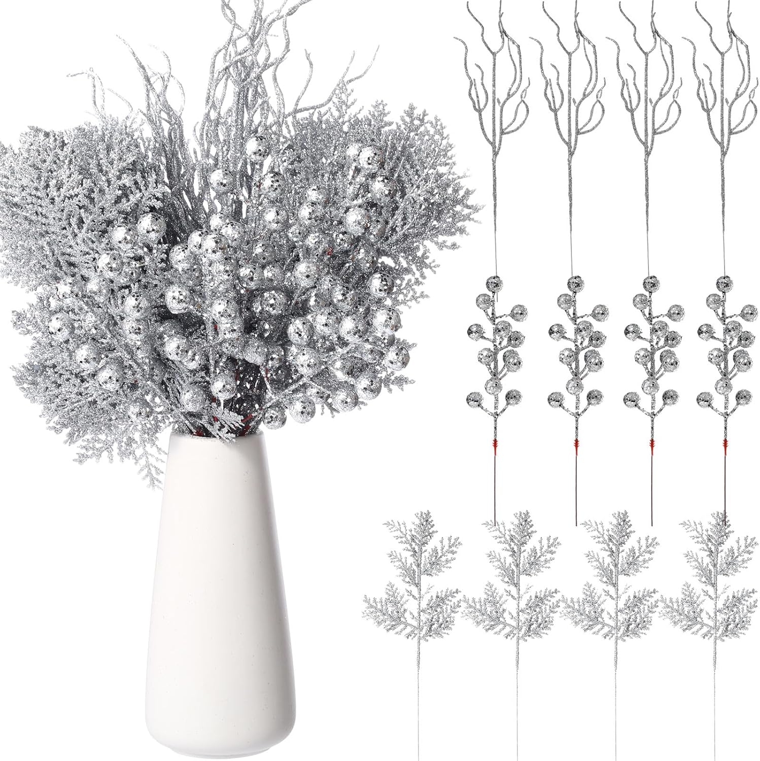 75 Pcs Christmas Glitter Branches 3 Styles Artificial Christmas Picks Berries Stems Pine Needles Floral Twig Spray for Xmas Tree Ornaments DIY Wreath Garland(Silver)