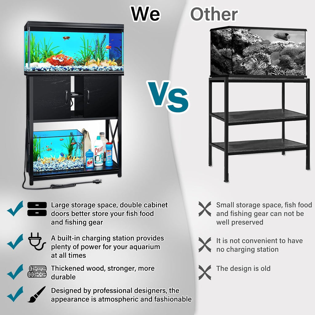 TC-HOMENY 10-29 Gallon Aquarium Stand with Charging Station and Cable Holes, Metal Fish Tank Stand with Storage Cabinet, 29" L x 16.5" W Tabletop, 880LBS Capacity