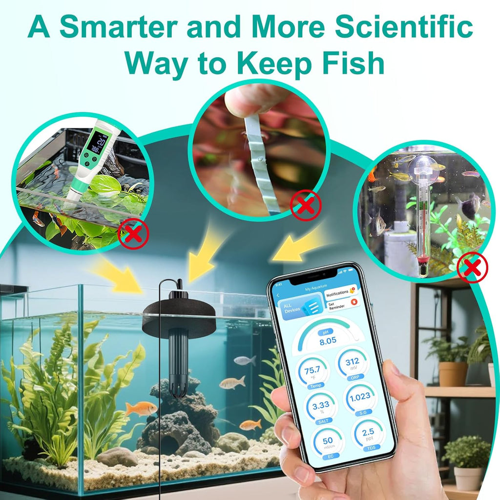 kactoily Digital Aquarium Water Tester, Salinity pH ORP TDS EC Temp Multi-Parameter Tester for Freshwater Saltwater Fish Tanks Real-Time Alerts
