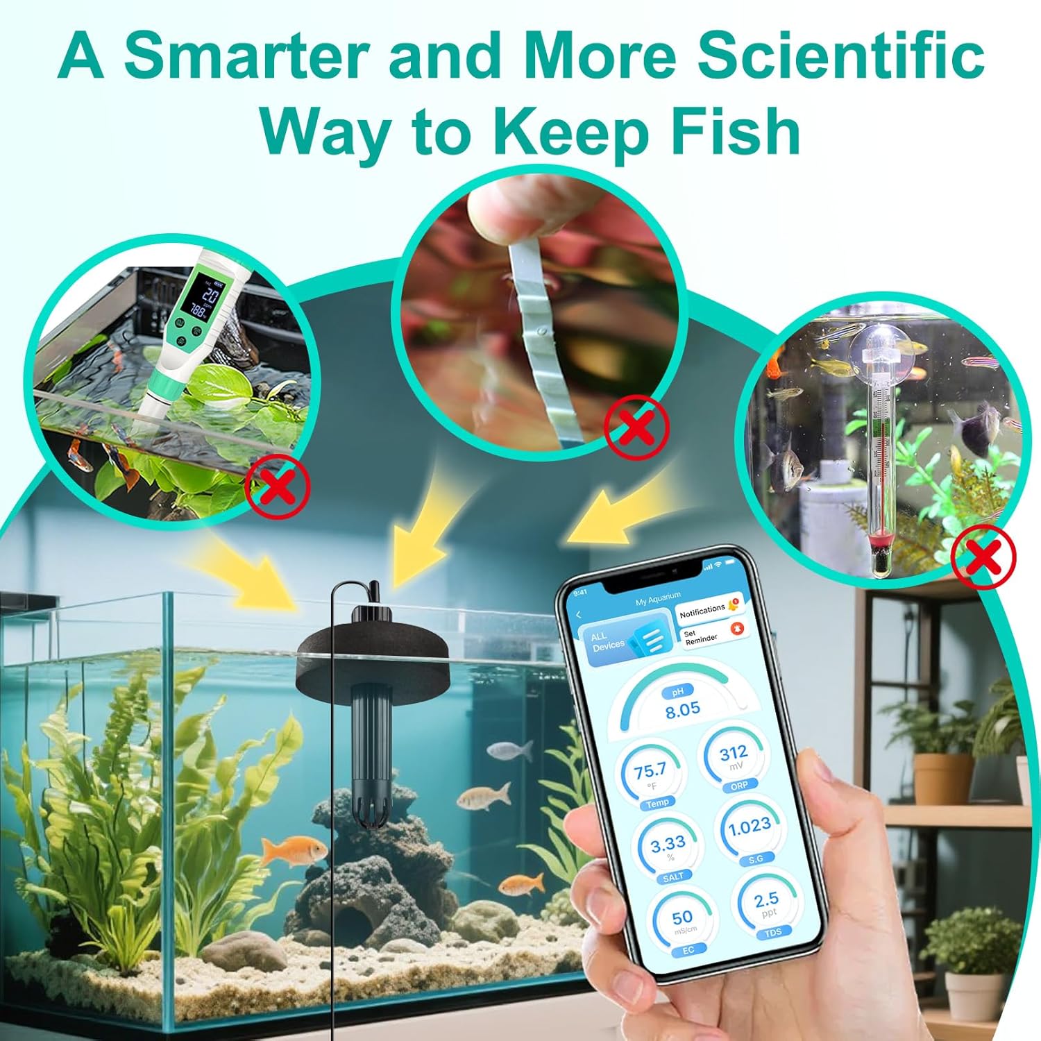 kactoily Digital Aquarium Water Tester, Salinity pH ORP TDS EC Temp Multi-Parameter Tester for Freshwater Saltwater Fish Tanks Real-Time Alerts