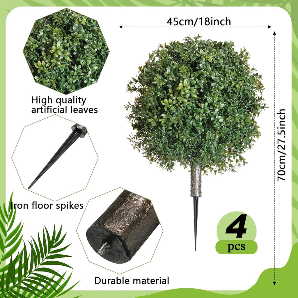 4 Pcs Artificial Boxwood Topiary Ball Bush 26" Tree UV Resistant with Spike Easy to Push in The Ground Fake Boxwood Plants Faux Greenery Shrubs for Indoor Outdoor Home Garden (Dark Green)