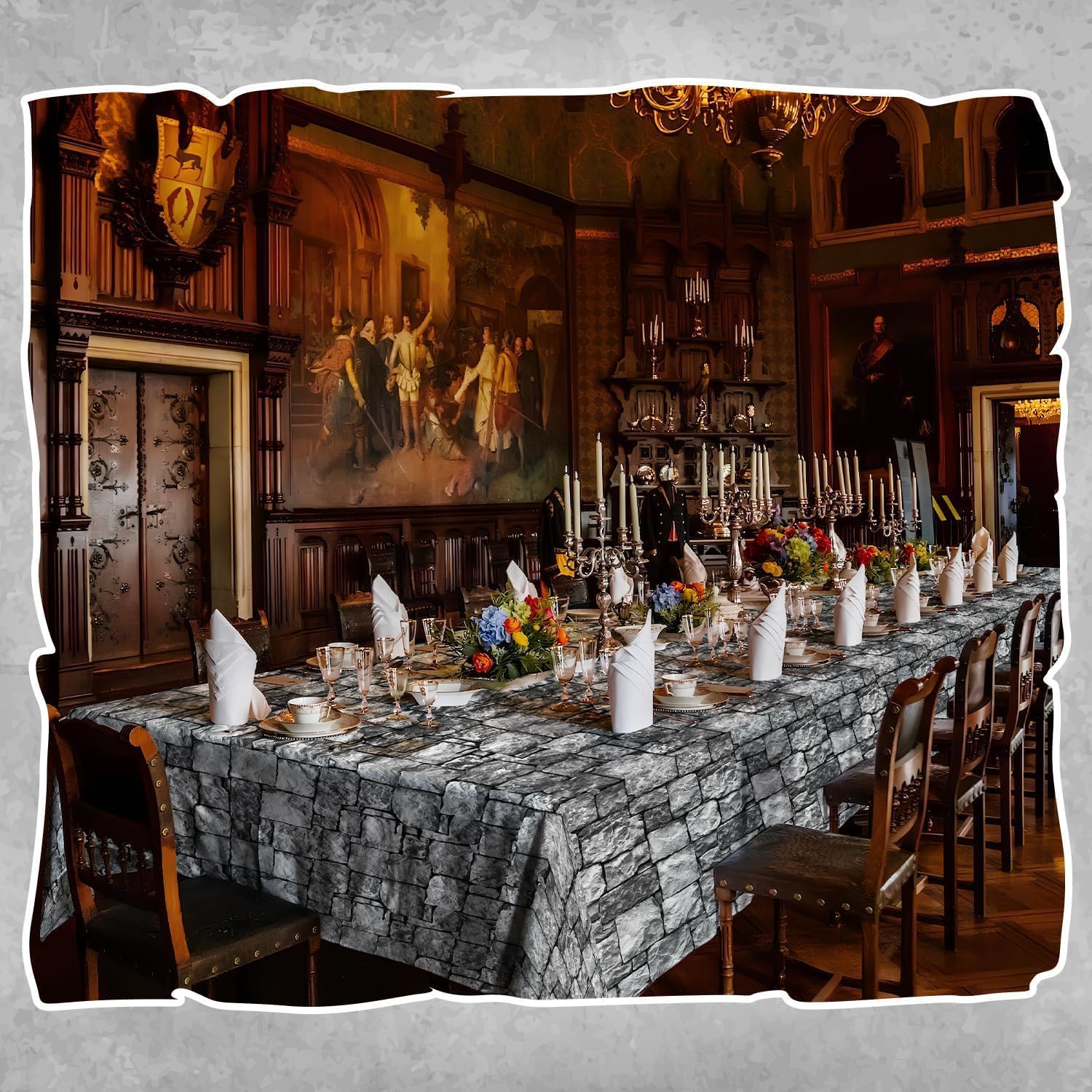 Medieval Brick Stone Wall Tablecloth Roll with Cutter Box Disposable Plastic Table Covers Castle Backdrop Grey Antique Background Knight Themed for Birthday Halloween Party (120 feet)