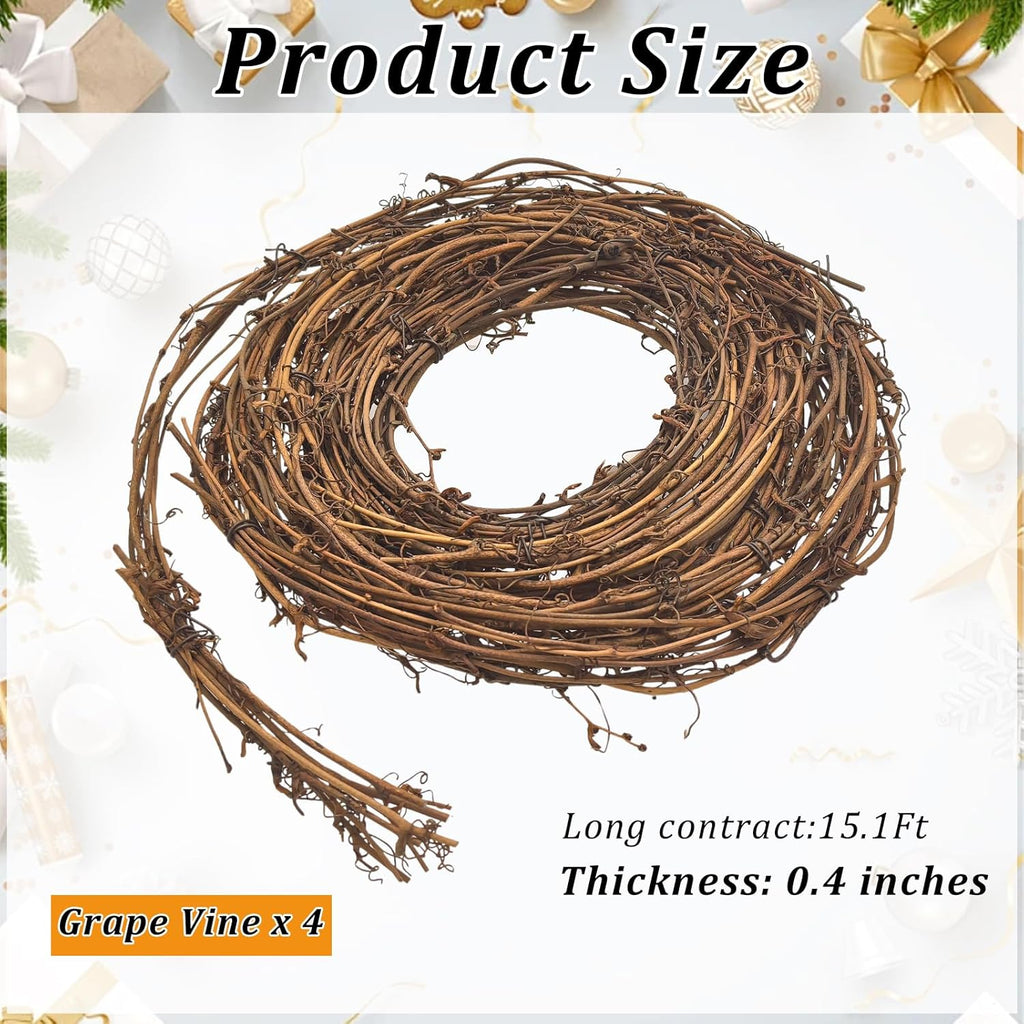4 Pcs Grapevine Garland - 15 FT Natural Grape Vine Wreath for Crafts DIY Rattan Twig Garland Hanging Vine Wreath for Wedding Christmas Holiday Door Vase Wall Window Home Decor (Total 60FT)