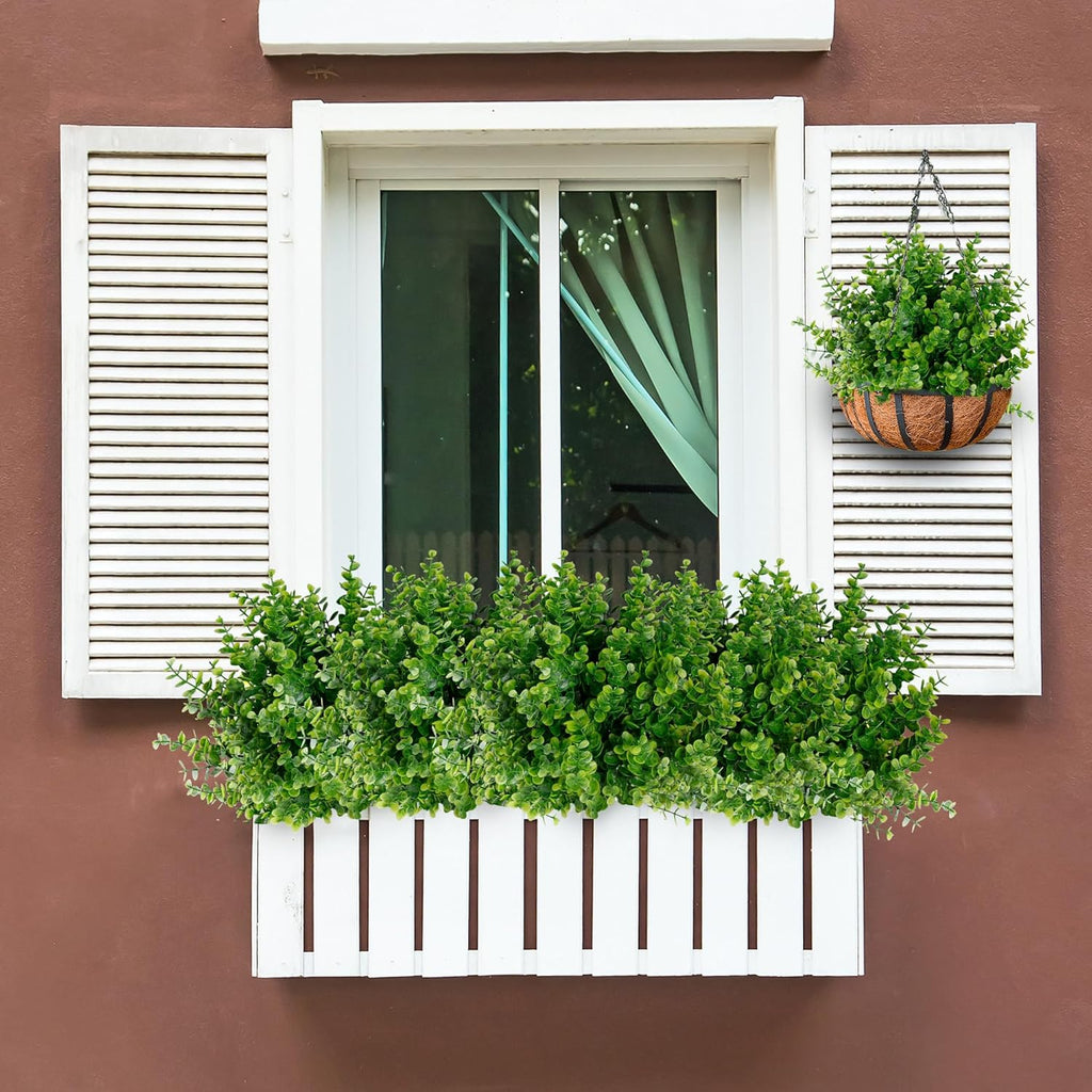 Sggvecsy Artificial Flowers for Outdoors 24 Bundles UV Resistant Boxwood Shrubs Artificial Eucalyptus Fake Plants Faux Plastic Greenery for Farmhouse Garden Indoor Outdoor Home Wedding Decoration