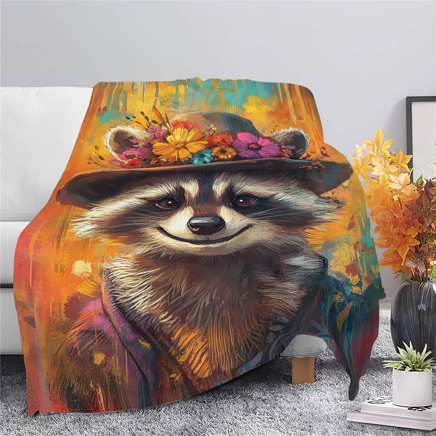 Raccoon Throw Blanket Raccoon Stuff Gifts for Kids Girls Boys Adults Women Man Soft Cozy Warm Plush Fluffy Fuzzy Fleece Blanket Decor 40''X50''