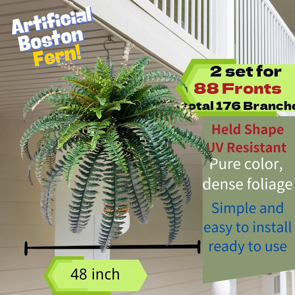 Giant Artificial Boston Ferns for Outdoors Large–UV Resistant LifeLike Faux Fern, Realistic Silk Greenery plants large Office, Home Decor, 2pack 88 Branches,48 Inch fake fern Leaf Green.No Base