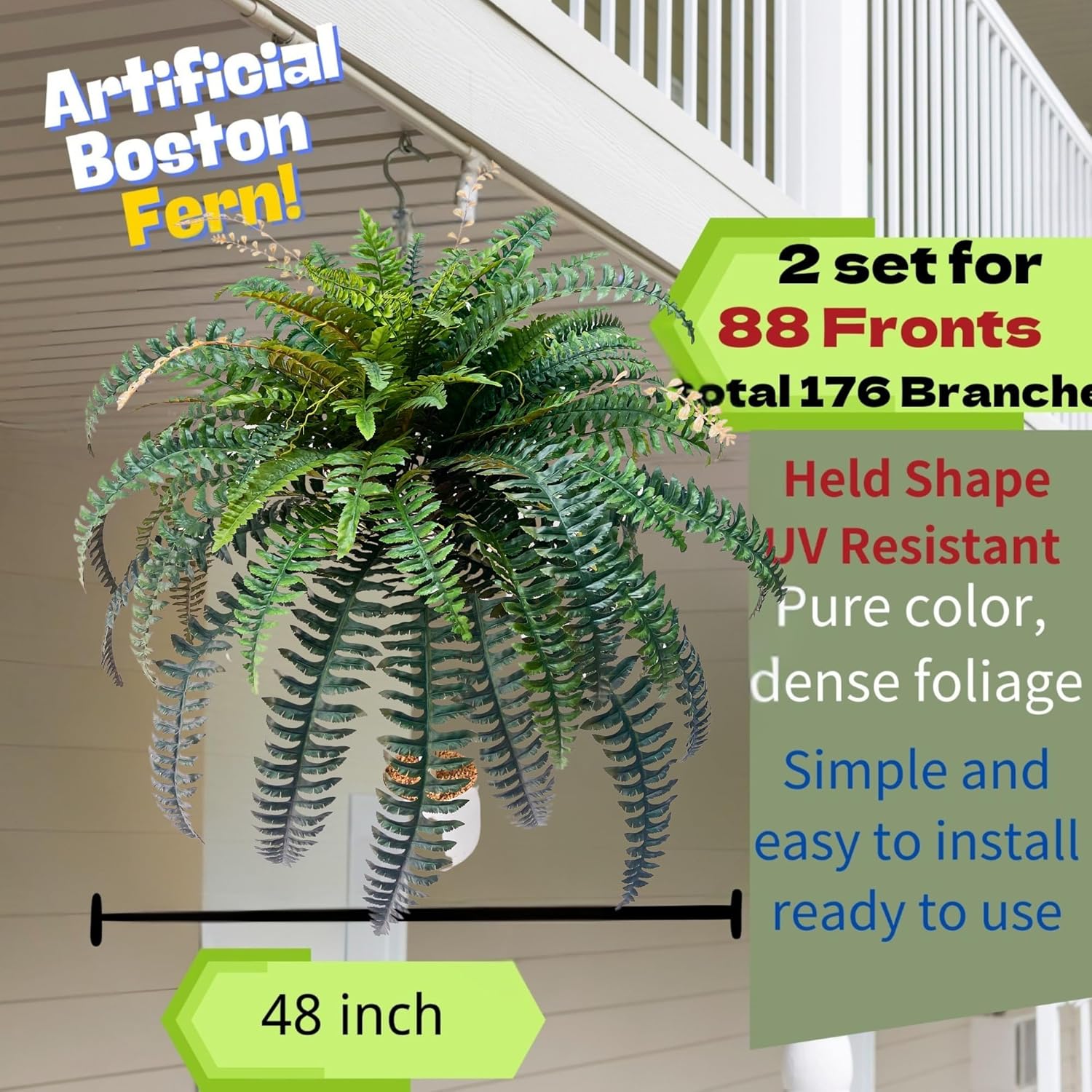 Giant Artificial Boston Ferns for Outdoors Large–UV Resistant LifeLike Faux Fern, Realistic Silk Greenery plants large Office, Home Decor, 2pack 88 Branches,48 Inch fake fern Leaf Green.No Base
