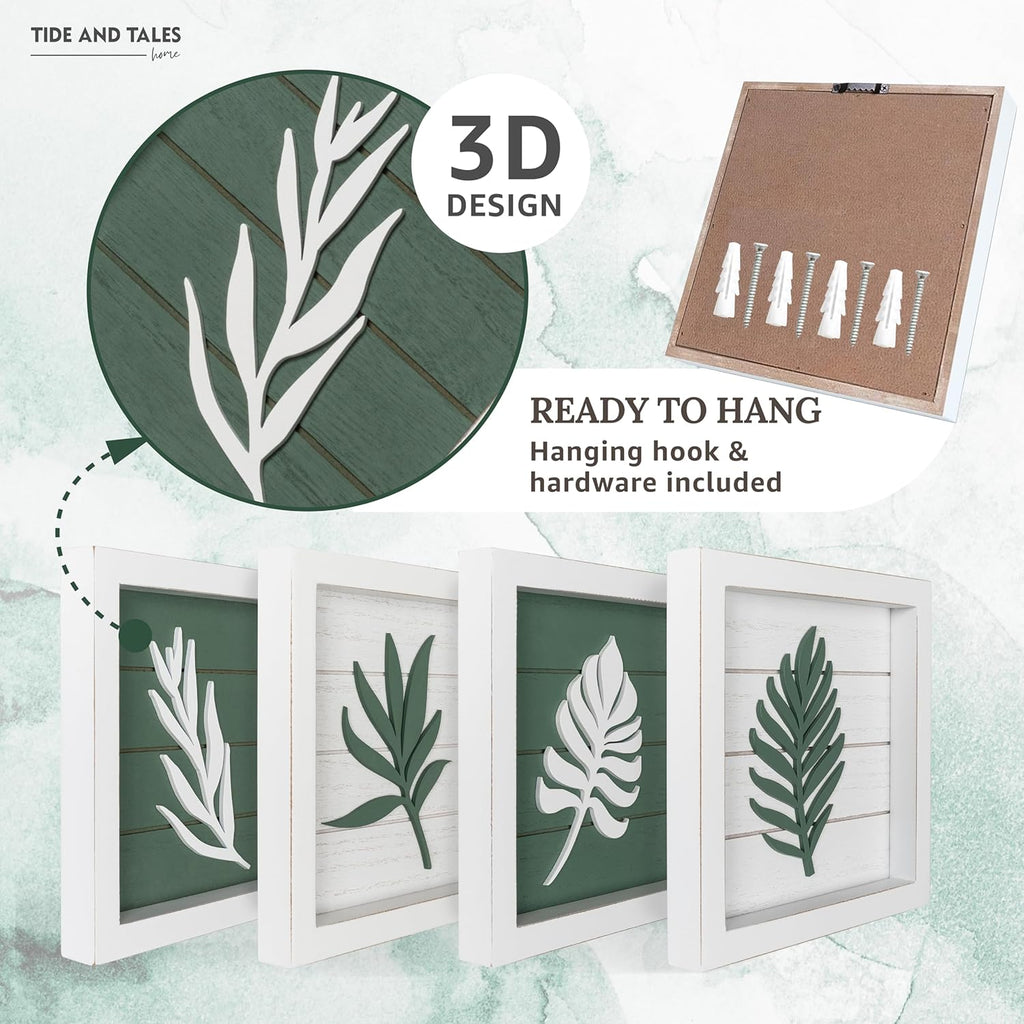 3D Green Botanical Wall Art (Framed Set of 4) Lightweight, Ready-to-Hang Leaf Decor - Wooden Minimalist Boho Wall Art for Bathroom, Bedroom, Living Room or Office - Farmhouse Plant Artwork, Gift-Boxed