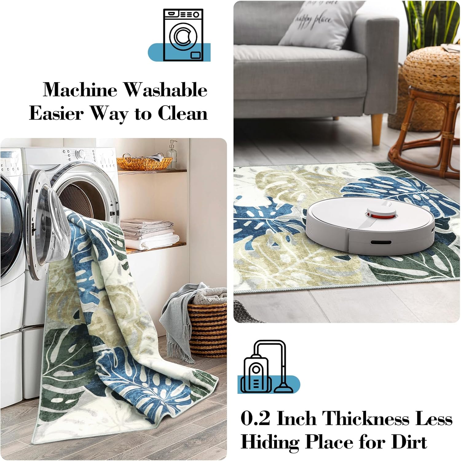 Wonnitar 2x6 Washable Runner Rug, Blue Leaf Kitchen Rug Runner with Rubber Backing, Tropical Coastal Low Pile Entry Carpet Soft Non-Shedding Bedside Mat for Bedroom Entrance Laundry