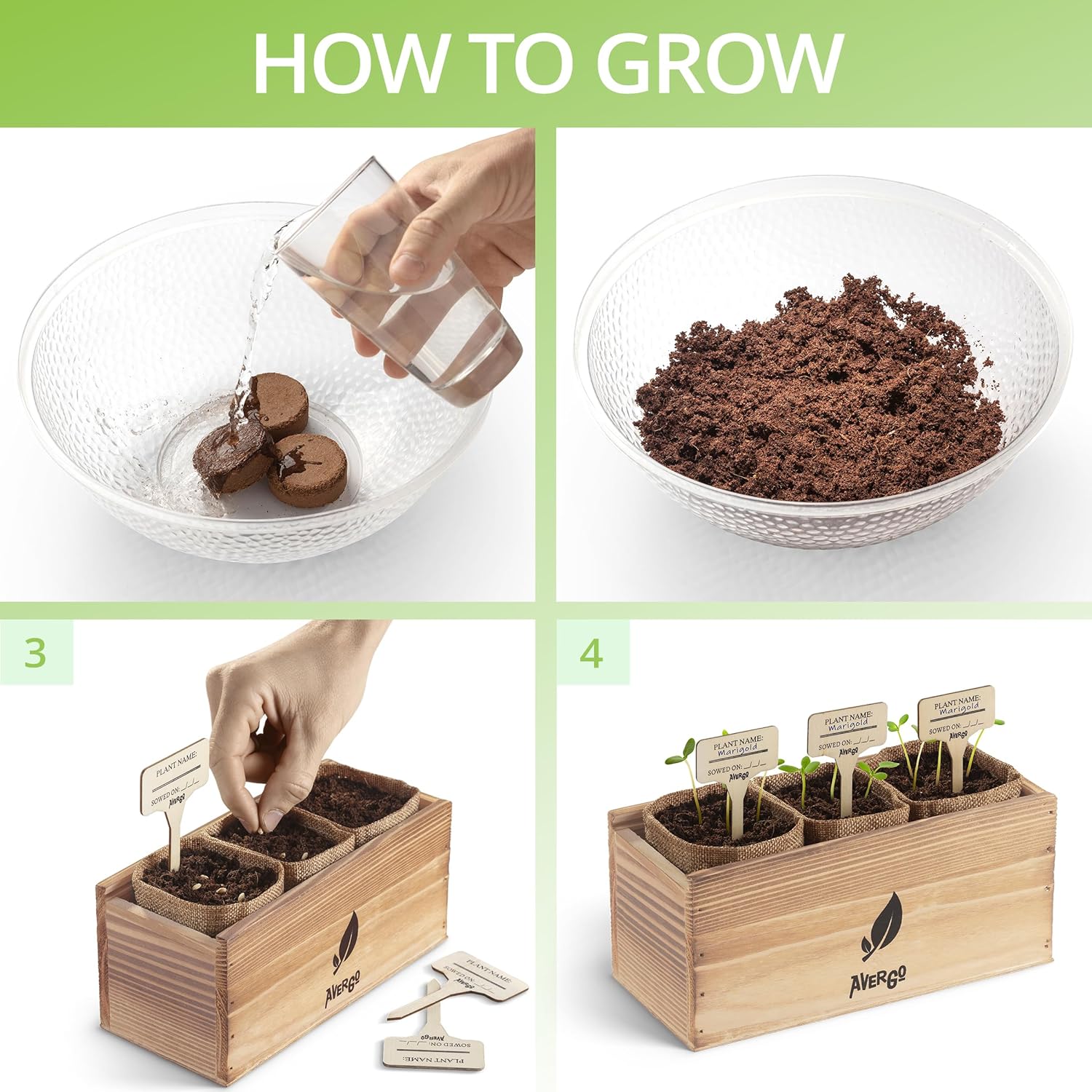 AVERGO Wildflower Seed Mix Growing Kit - Includes Perennial & Annual Wild Flowers, Burlap Planters, Soil, Wooden Box, and Gardening Tools for Indoor Garden and Patio Planting
