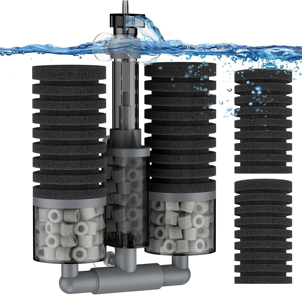 Pawfly Aquarium Sponge Filter, Fish Tank Filter, Submersible Small Aquarium Filter with Double Foams & Ceramic Rings, Quiet Bio Sponge Filter for 15-55 Gallon Tanks