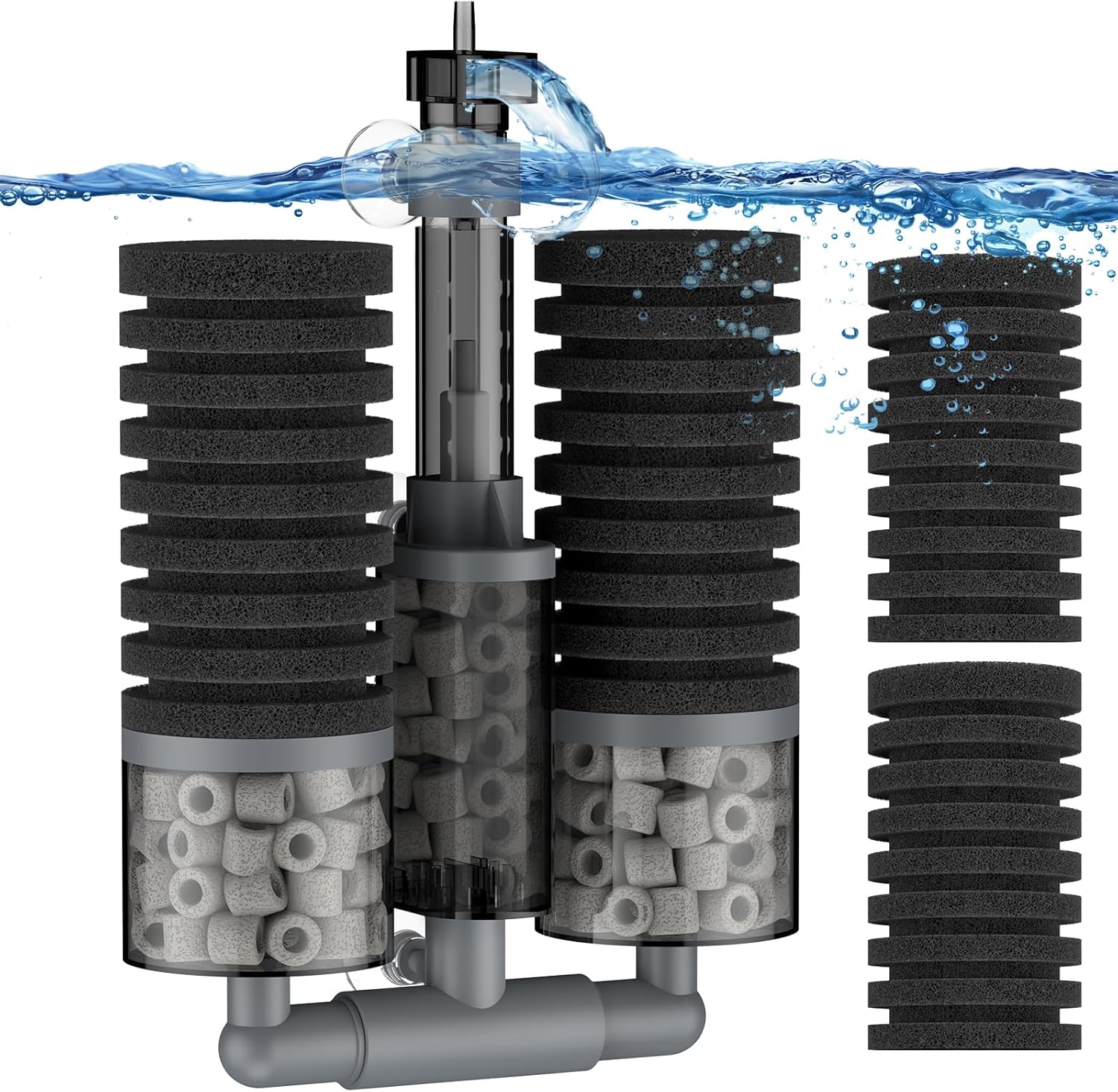 Pawfly Aquarium Sponge Filter, Fish Tank Filter, Submersible Small Aquarium Filter with Double Foams & Ceramic Rings, Quiet Bio Sponge Filter for 15-55 Gallon Tanks