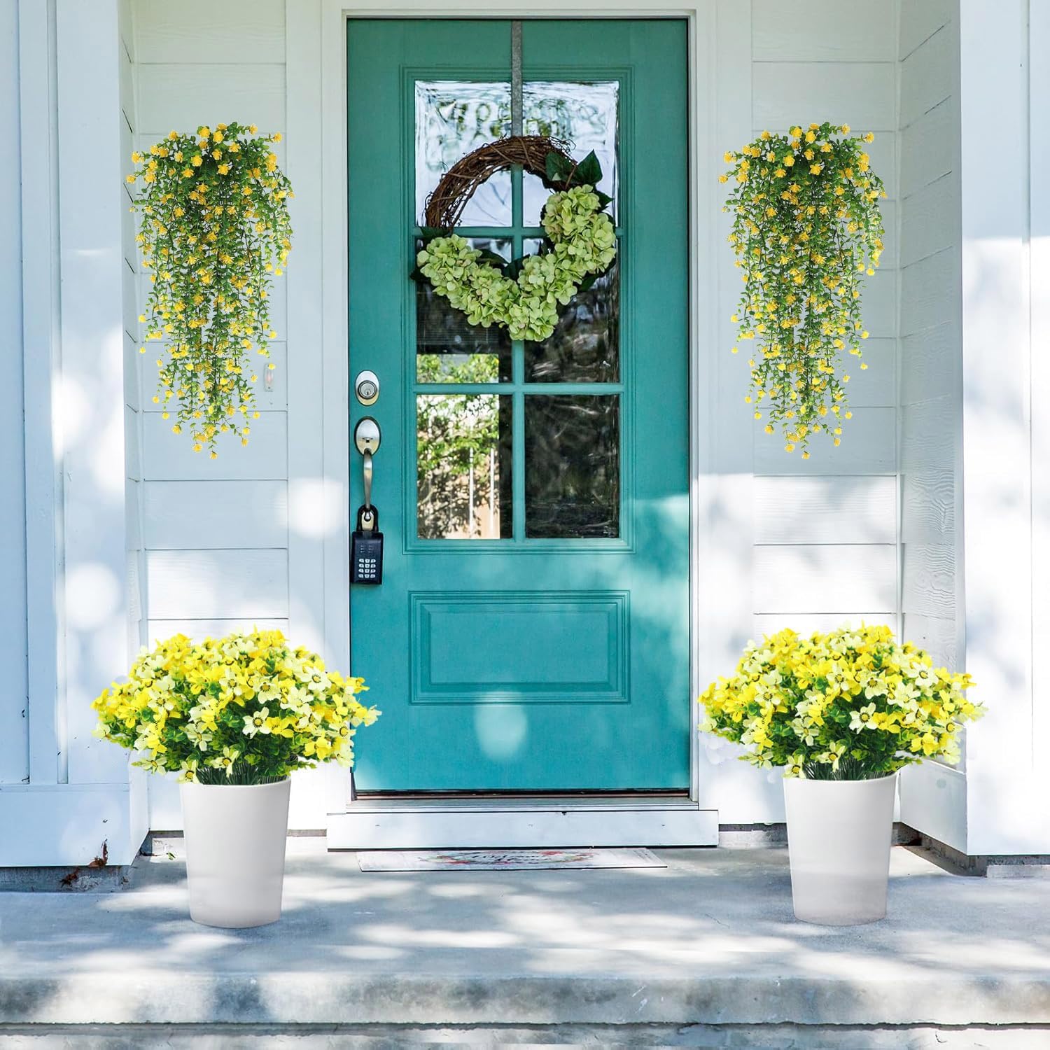 Artificial Hanging Flowers for Outdoor Indoor Decor, 6 Packs Fake Eucalyptus Vine Faux Flower Greenery Garland Plastic Plants Outside UV Resistant Wall Garden Wedding Home Party Decor (Yellow)