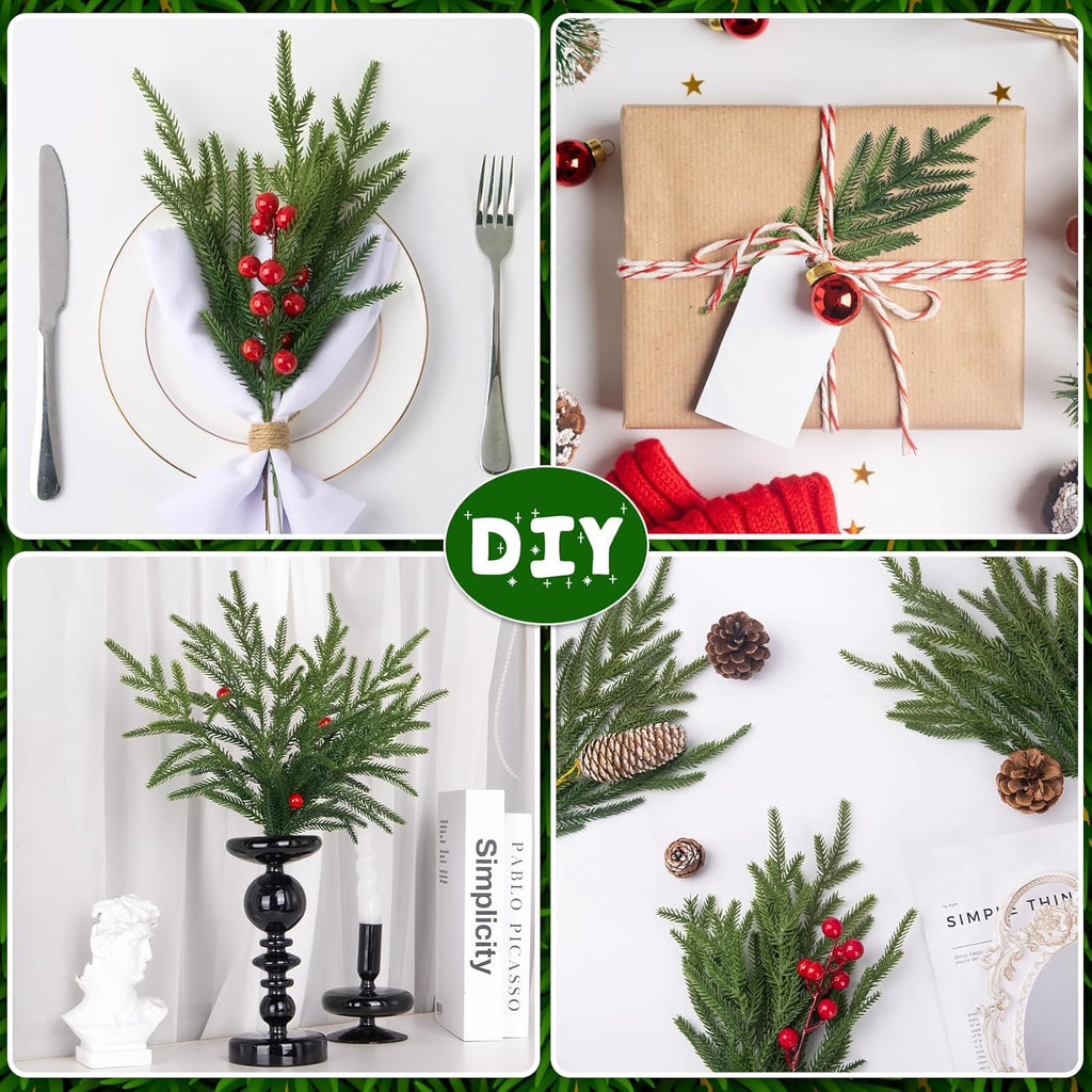 Ouddy Decor 16 Pcs Real Touch Christmas Norfolk Pine Stems, 18" Artificial Norfolk Pine Branches Faux Greenery Stems Fake Cedar Plants for Vase DIY Christmas Garland Wreath Indoor Outdoor Home Decor