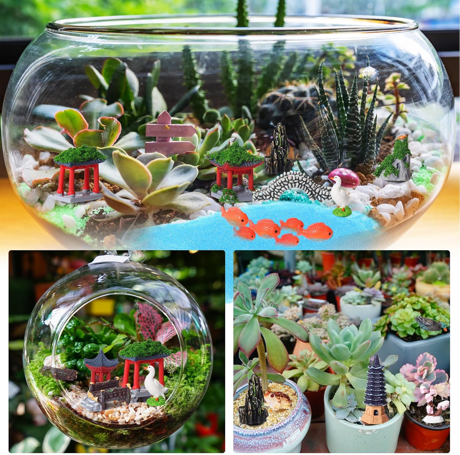 58 Pcs Miniature Garden Set, Fairy House Diorama Accessories Rockery Pavilion Bridge Mini Figurines Micro Landscape Ornaments Mixed Model Trees for DIY Garden Decor Succulent Dollhouse Craft