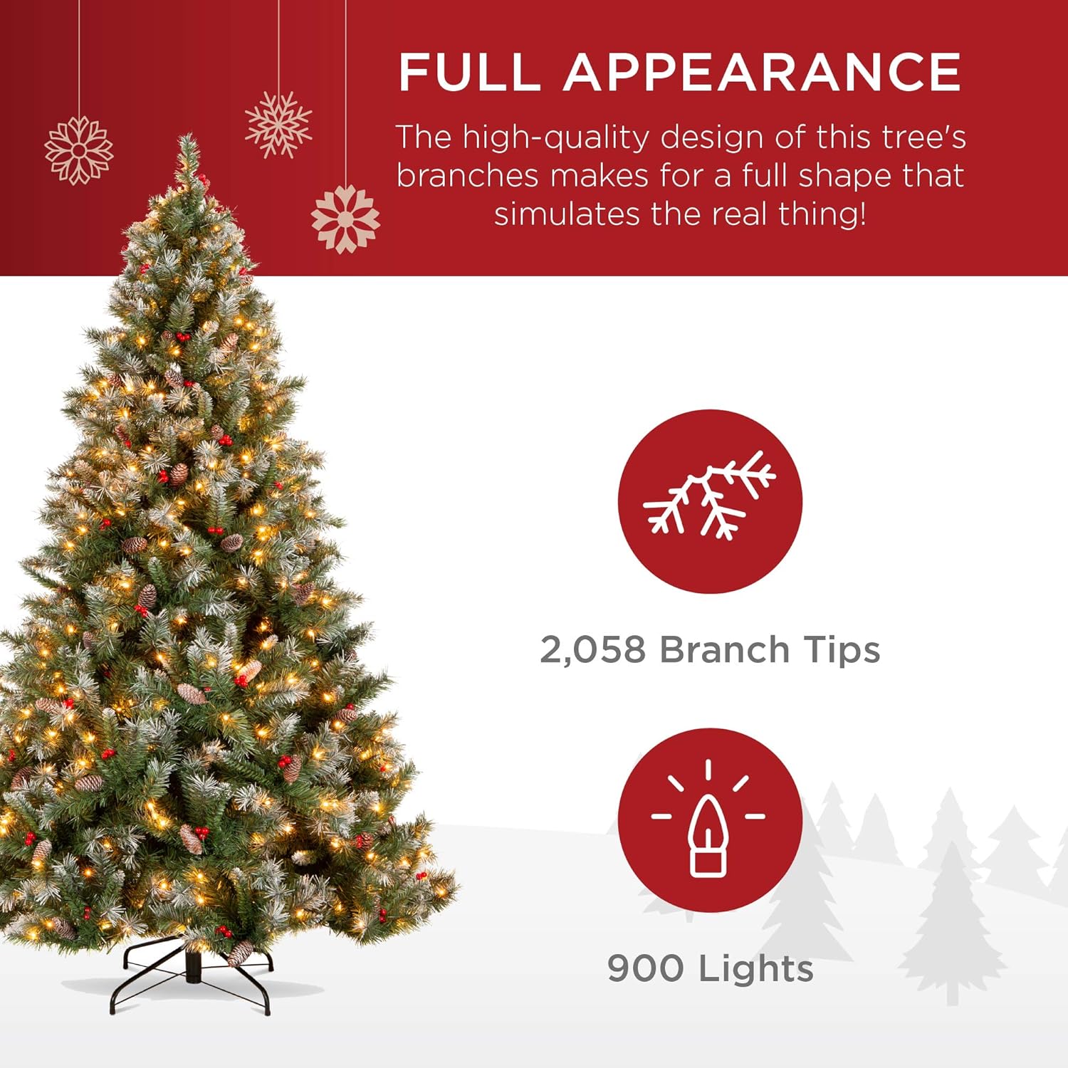 Best Choice Products Christmas Tree Pre-Lit, Pre-Decorated Artificial 9ft Frosted Pine Holiday Decoration w/Frosted Tips, Pine Cones, Berries