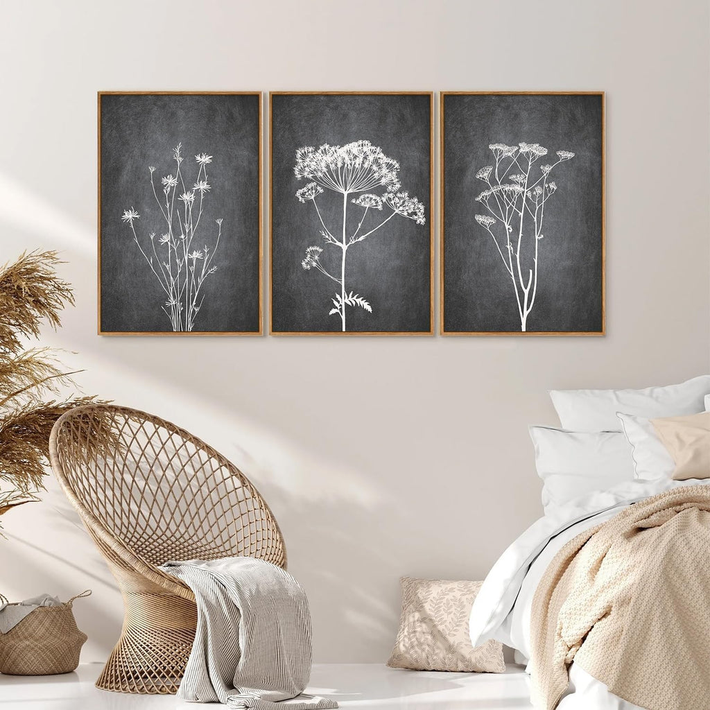 Tinonedraw Black and White Floral Framed Canvas Wall Art Set, Vintage Flower Wall Decor, Dark Academia Minimalist Botanical Art Paintings, Wildflower Art Print for Living Room Bedroom Office 16"x24"x3