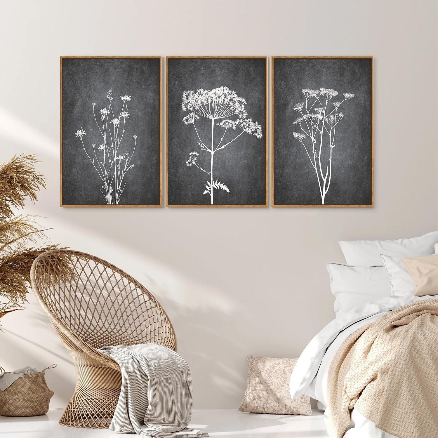 Tinonedraw Black and White Floral Framed Canvas Wall Art Set, Vintage Flower Wall Decor, Dark Academia Minimalist Botanical Art Paintings, Wildflower Art Print for Living Room Bedroom Office 16"x24"x3