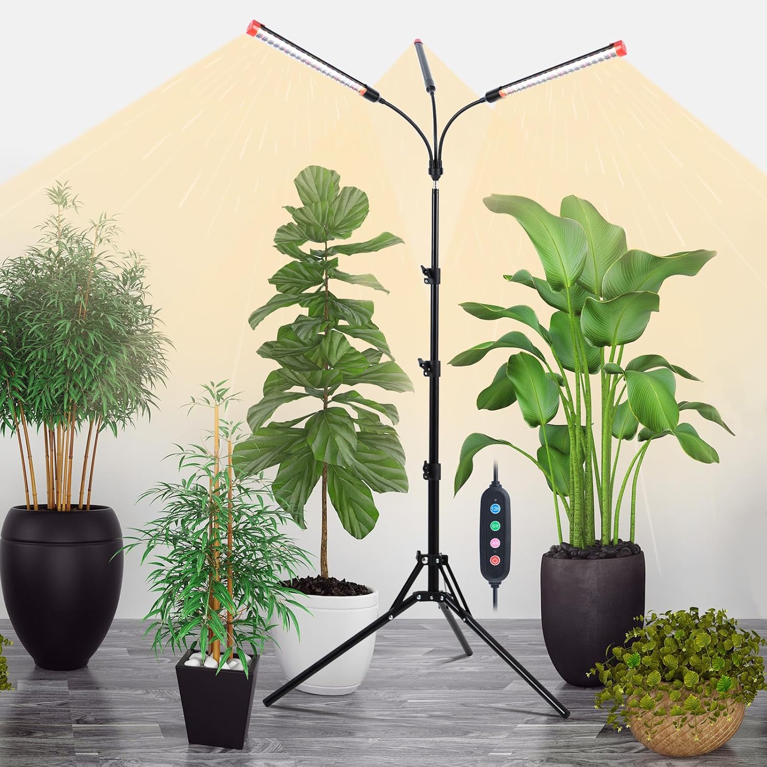 3-Head Grow Light with Stand and Timer, 27 Watt Power Home Plug LED Grow Lights for Indoor Plants for Tall Houseplants, Bonsai Tree, Seed Starting, 24"-64" Adjustable Height