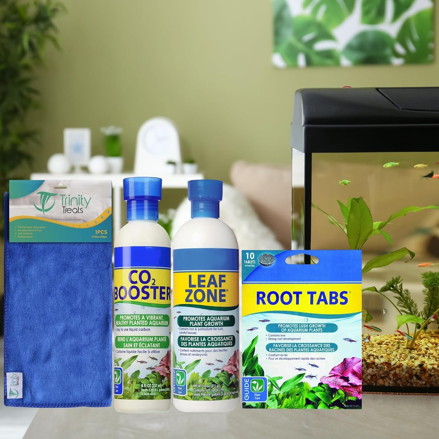 Aquarium Plant Care Kit with C02 B00STER 8 FL oz, Leaf Zone 16 FL oz, Root Tabs 10-Counts & Trinity Treats Microfiber Cleaning Cloth for Freshwater Aquariums