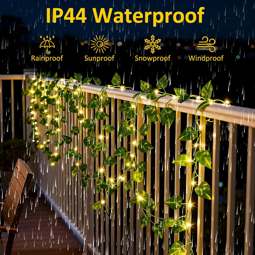 33Ft Vine with Fairy Lights Battery Operated, 100 LED Pothos Leaf Vine Lights with Remote, Leaf Lights for Bedroom Room Wall Garden Party Wedding Decor (Warm White)