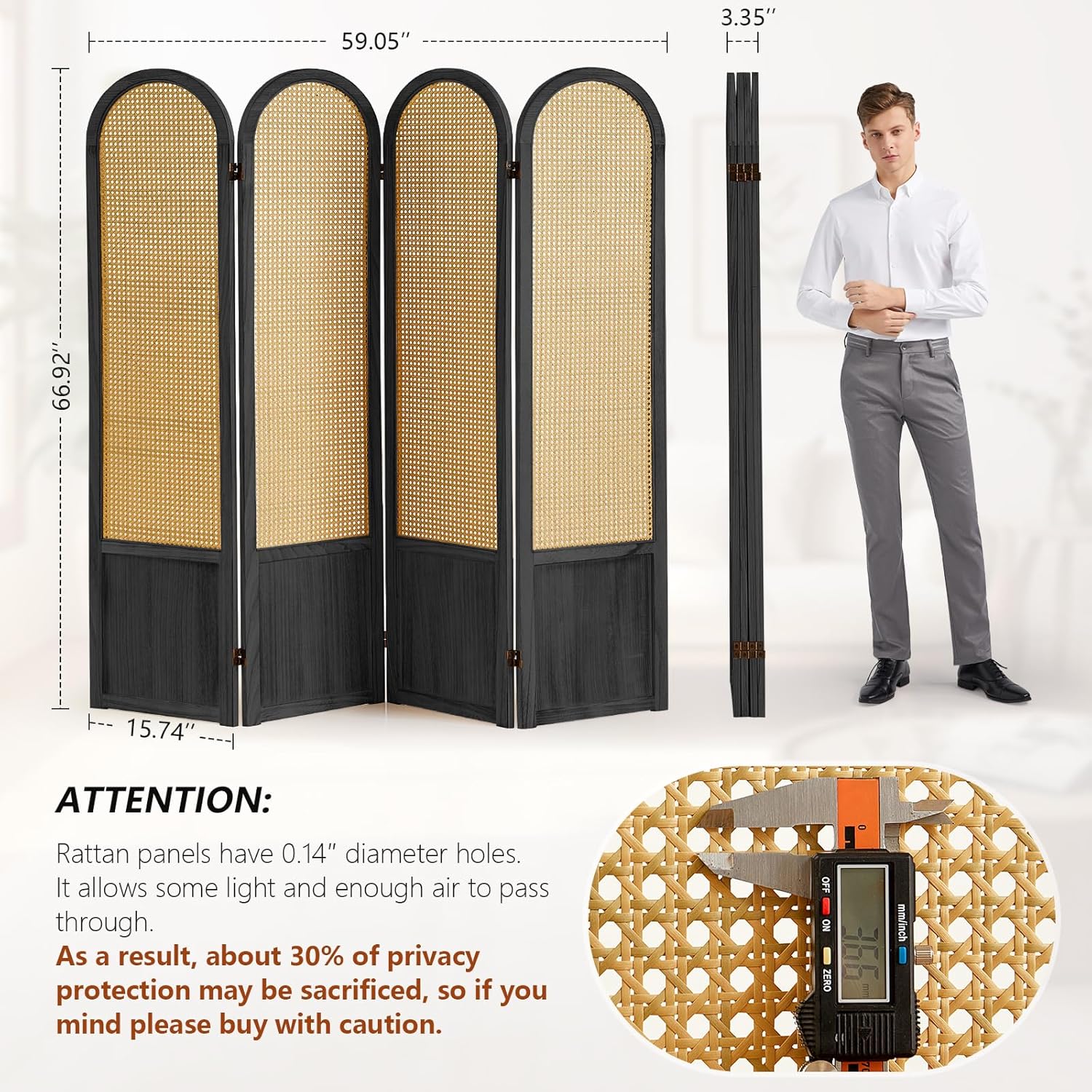 4 Panel Room Divider and Folding Privacy Screen 5.6 Ft Foldable Double Hinged Room Partition, Hand-Woven Rattan Room Divider Portable Wood Wall Divider for Room Separation, Home, Black