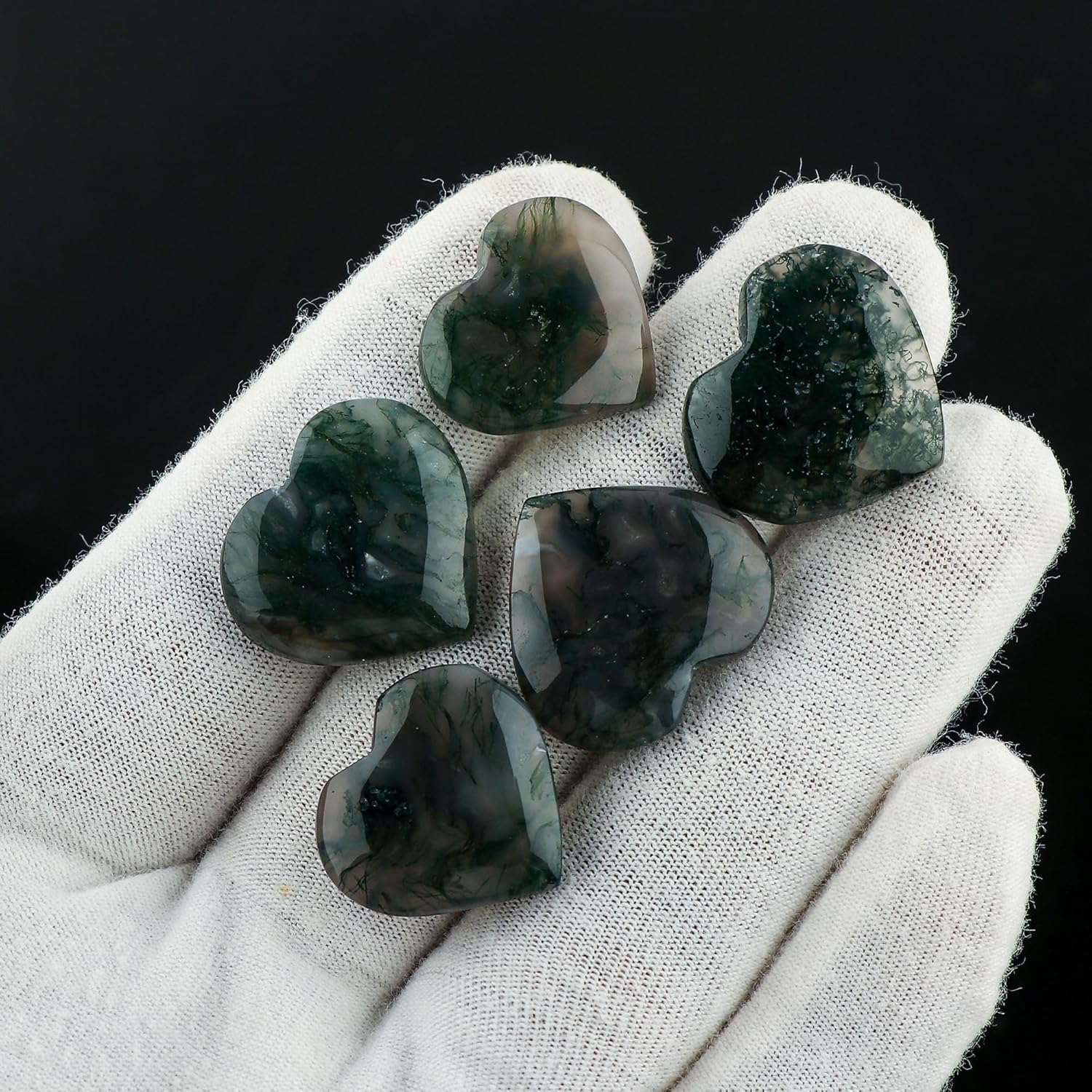 CRYSTALIS 4pcs Natural Moss-Agate Hearts, Loose Gemstone, Wholesale Bulk Cabochons, Jewelry Making Supply, Chakra Healing Polished Stones, Wire Wrapping, DIY, Gem Collection