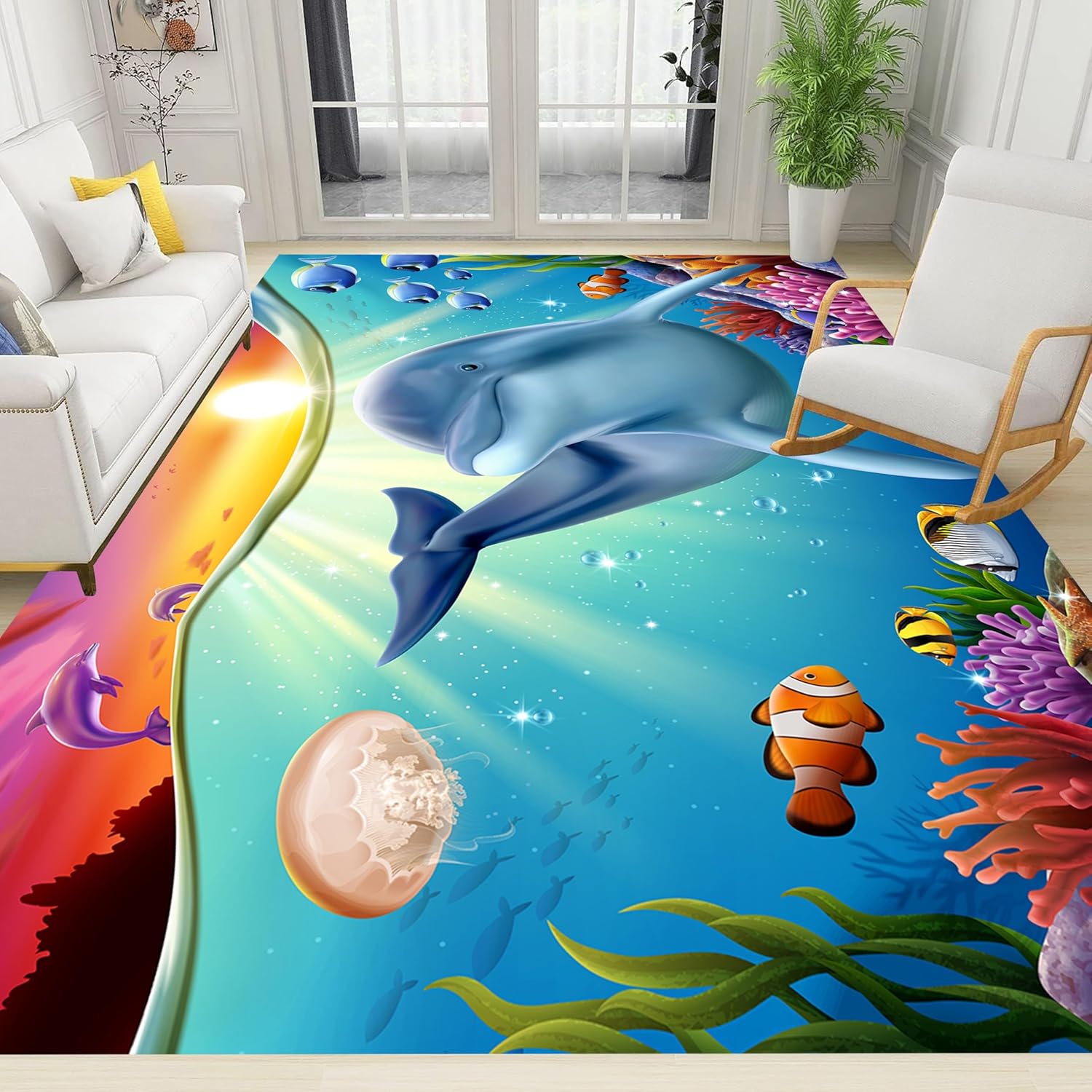 Blue Dolphin Area Rug for Bedroom, 4x6ft, Undersea Ocean Animal Print Indoor Carpet, Beach Tropical Fish Home Decor Playing Mat, Low Pile Breathable Non Shedding Rugs for Kids Room
