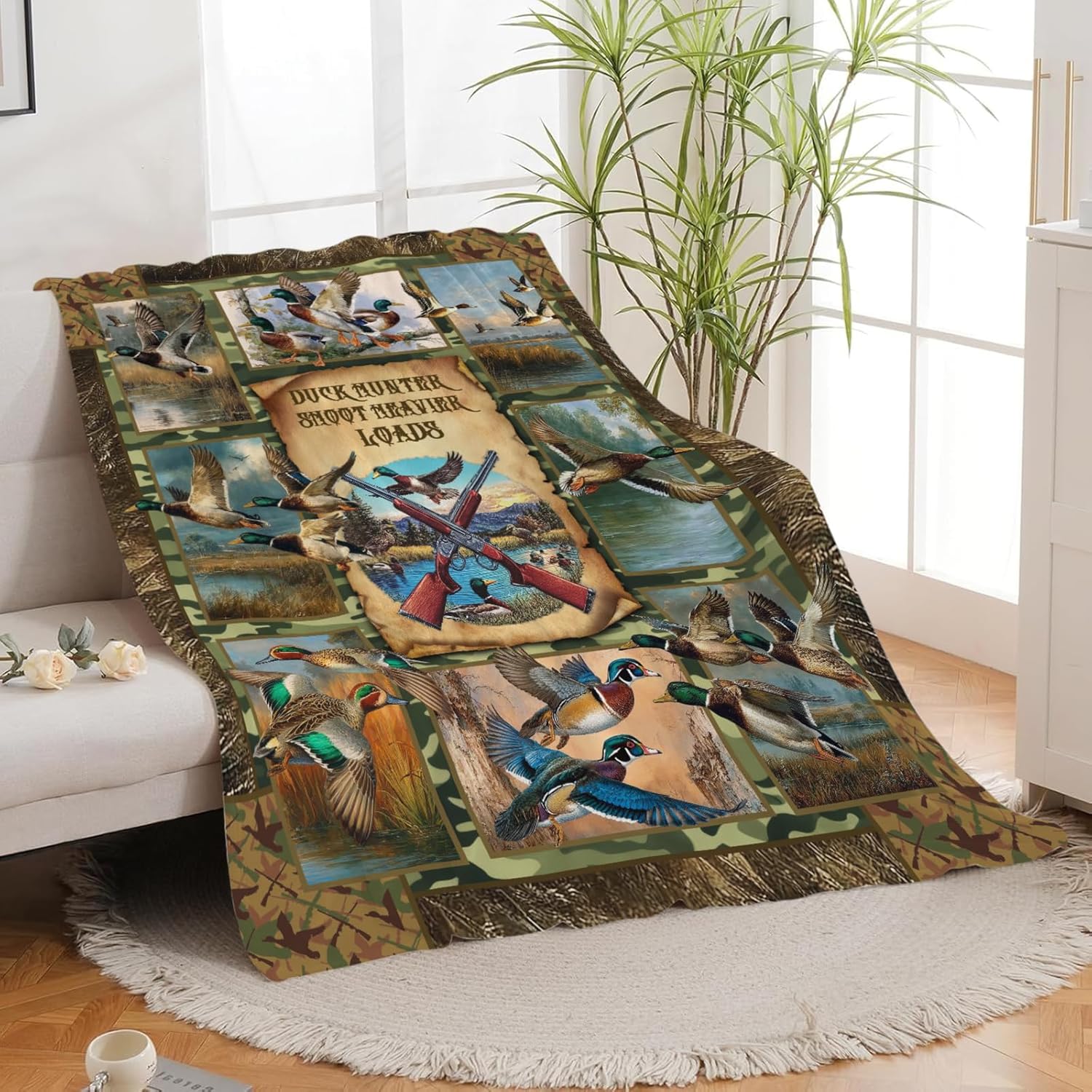 Duck Throw Blanket Hunting Mallard Duck Stuff Gifts for Kids Girls Boys Adults Women Men Soft Cozy Warm Plush Fluffy Fuzzy Fleece Blanket Decor 50''X60''