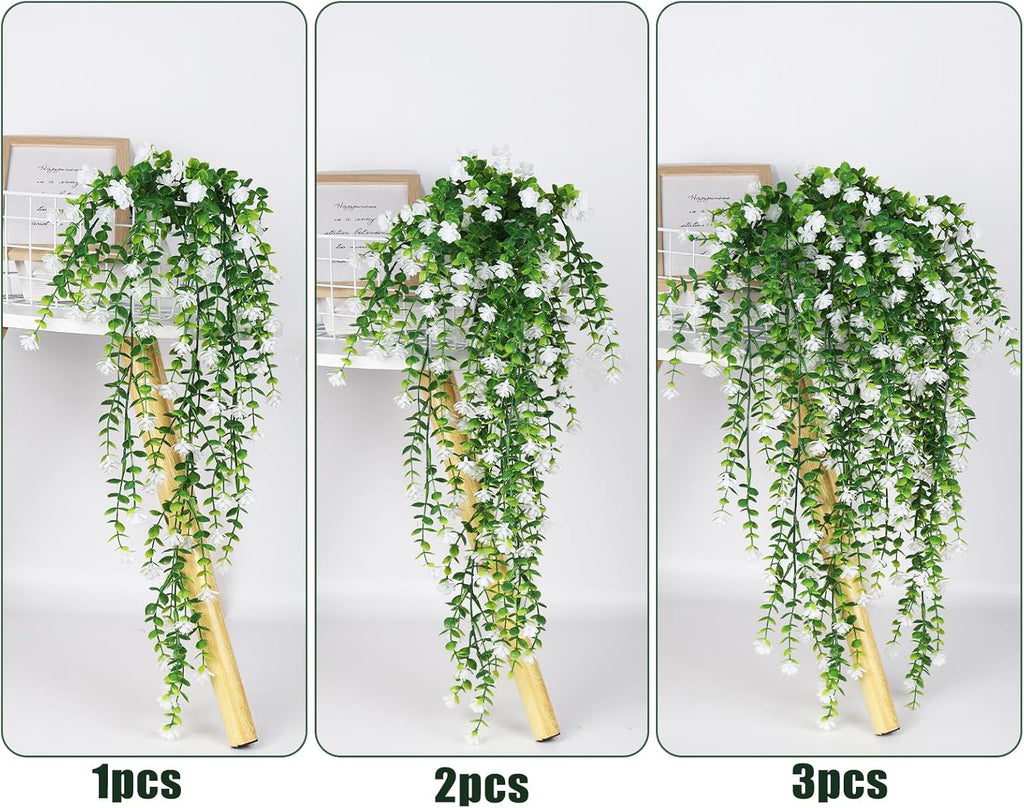 RECUTMS Artificial Hanging Plants Fake Hanging Plant Faux Eucalyptus Leaf Greenery Vine Outdoor UV Resistant Plastic Plants Home Garden Wedding Party Indoor Outdoor Decorations(White)