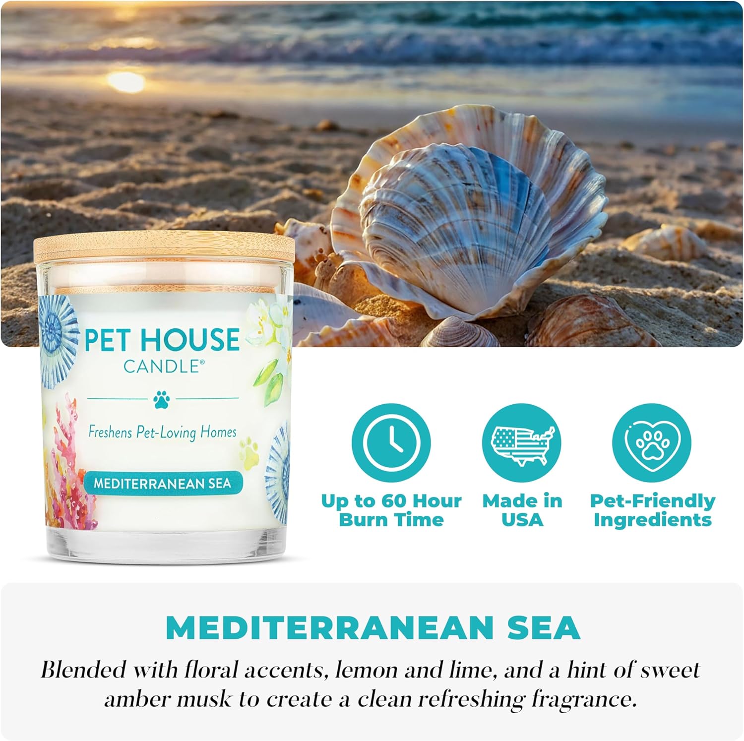 One Fur All Pet House Candle Plant-Based/Soy - Clean Burning Scented, Long Lasting Pet Odor Candle for Home - Mediterranean Sea