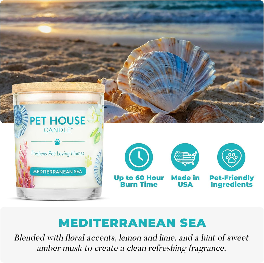 One Fur All Pet House Candle 2 Pack - Plant-Based/Soy - Clean Burning Scented, Long Lasting Pet Odor Candle for Home - Mediterranean Sea