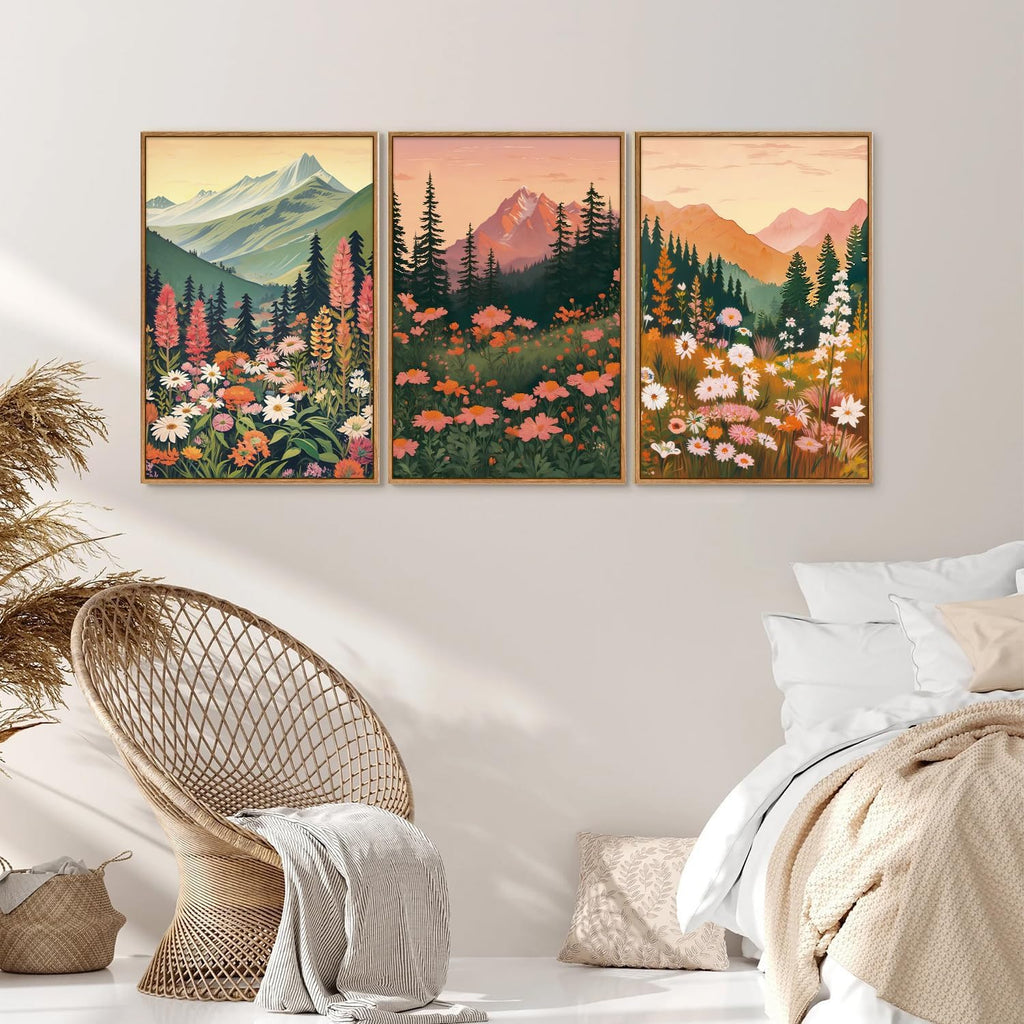 Tinonedraw Large Boho Mountain Framed Canvas Wall Art Set of 3, Colorful Wildflower Daisy Flowers Wall Decor, Bohemian Floral Forest Scenery Artwork, Modern Nature Landscape Art Prints for Bedroom Living Room Office 16"x24"