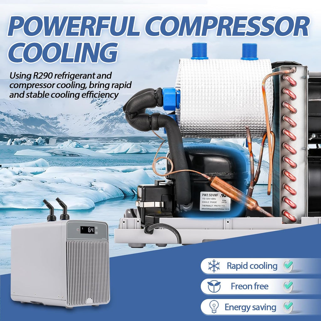 Poafamx Aquarium Chiller 42Gal Water Chiller for Fish Tank 1/10 HP Water Cooler Refrigeration Compressor for Axolotl Hydroponics System Saltwater Freshwater Coral Jellyfish with Pump and Pipe 110V