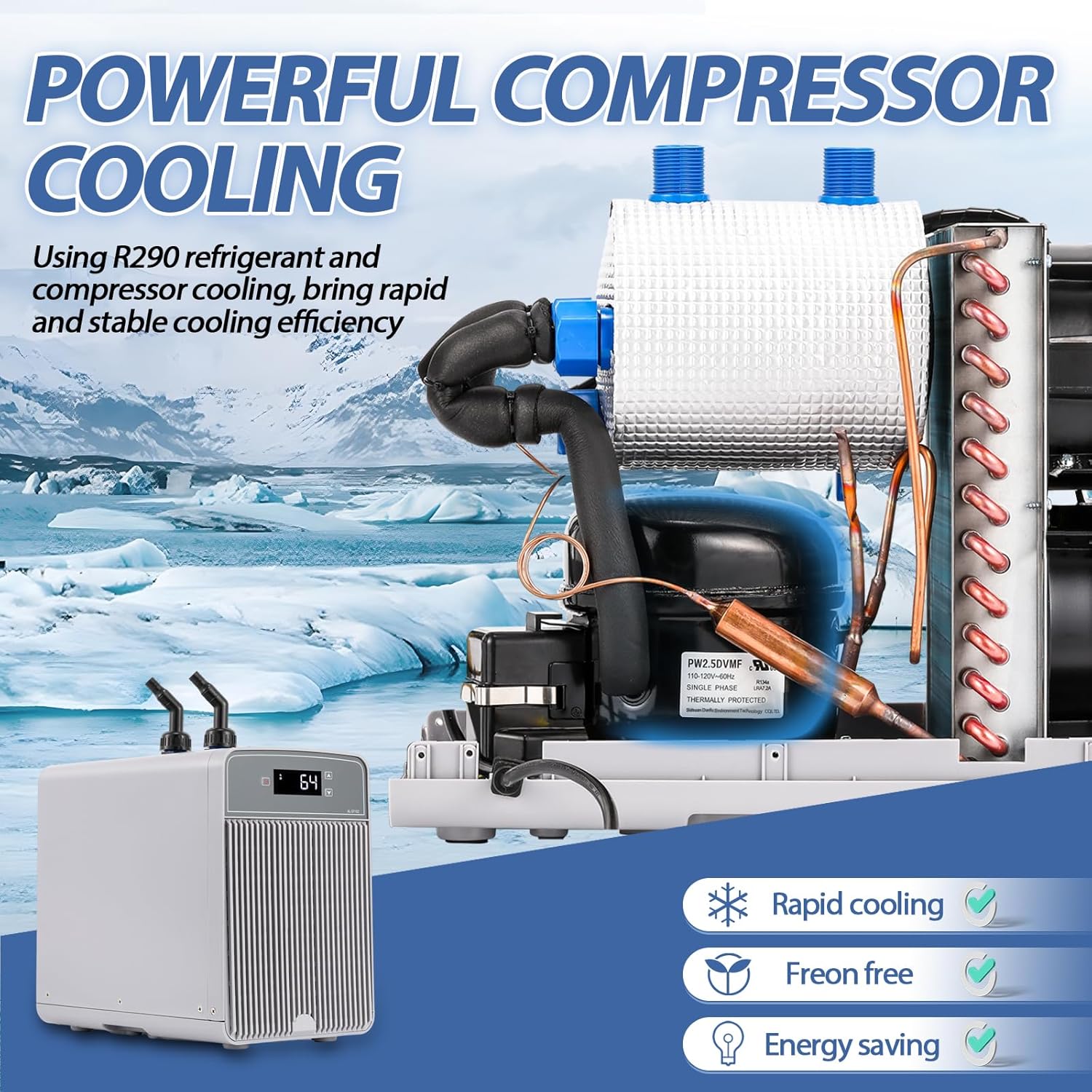 Poafamx Aquarium Chiller 42Gal Water Chiller for Fish Tank 1/10 HP Water Cooler Refrigeration Compressor for Axolotl Hydroponics System Saltwater Freshwater Coral Jellyfish with Pump and Pipe 110V