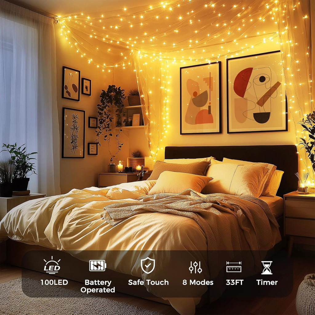 6 Pack Fairy Lights Battery Operated, 33Ft 100 LED Twinkle Lights with Remote and Timer, 8 Modes Waterproof Lighting for DIY Bedroom Wedding Table Centerpieces Christmas