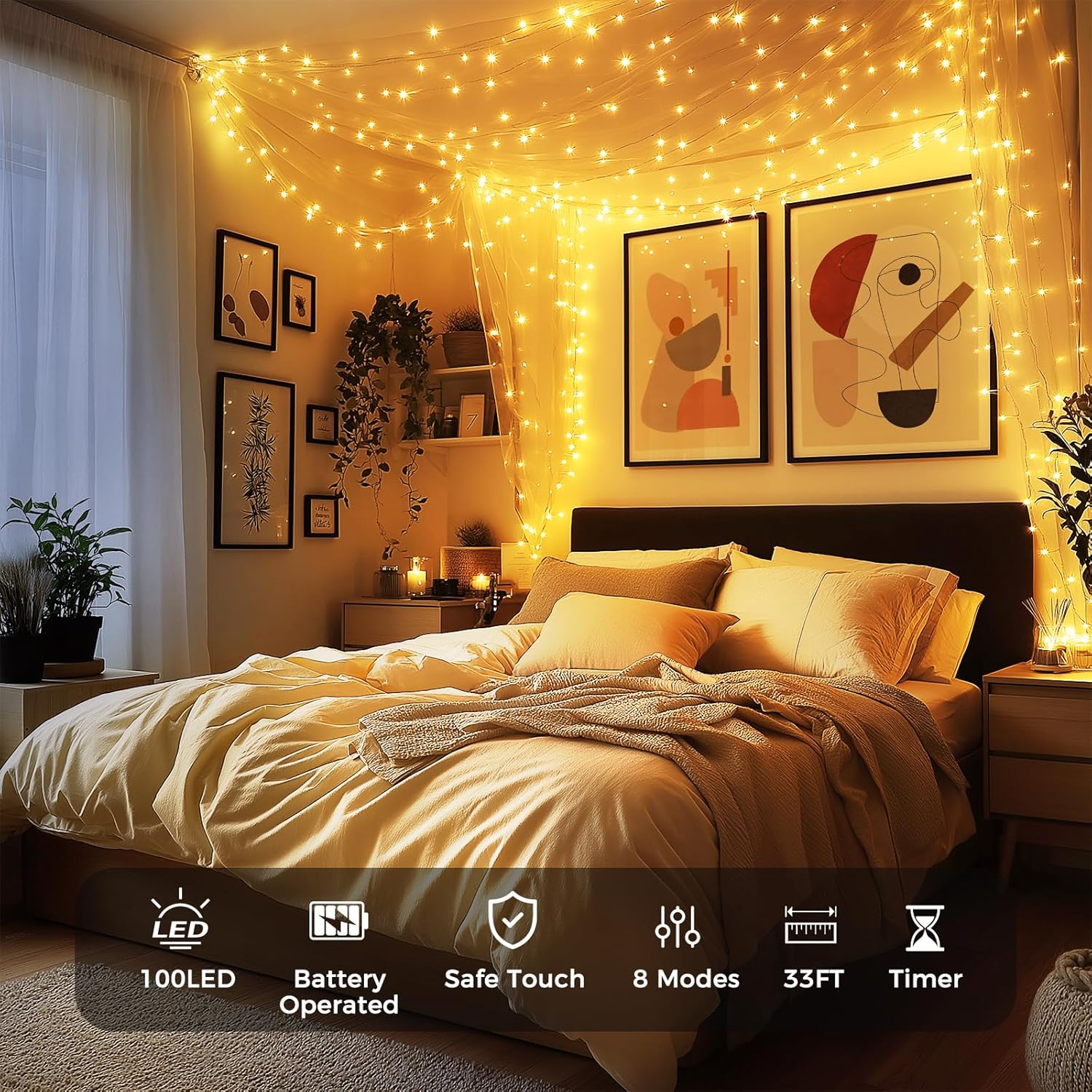 6 Pack Fairy Lights Battery Operated, 33Ft 100 LED Twinkle Lights with Remote and Timer, 8 Modes Waterproof Lighting for DIY Bedroom Wedding Table Centerpieces Christmas