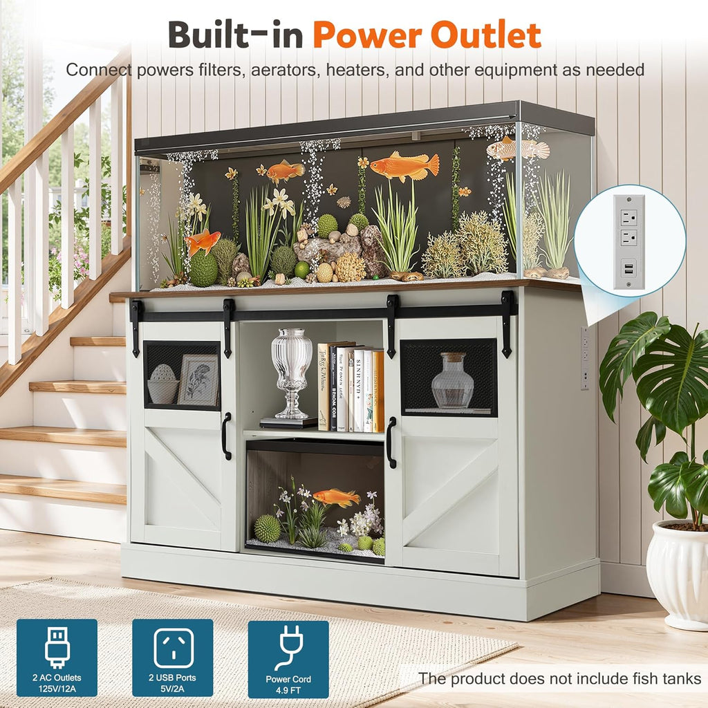 Fish Tank Stand with Power Outlet, Aquarium Stand w/Sliding Barn Doors, 55-75 Gallon Fish Tank Stand w/Cabinet for Accessories Storage for 2 Fish Turtle Tank Reptile Terrarium, 1000 LBS (White)