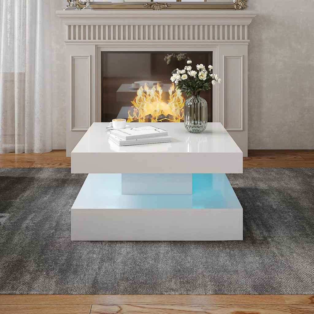 White LED Coffee Table for Living Room, 2-Tier Square Center Table Living Room Table, Modern High Glossy Contemporary Wood Coffee Tables with Storage, Suitable for Dining Reception