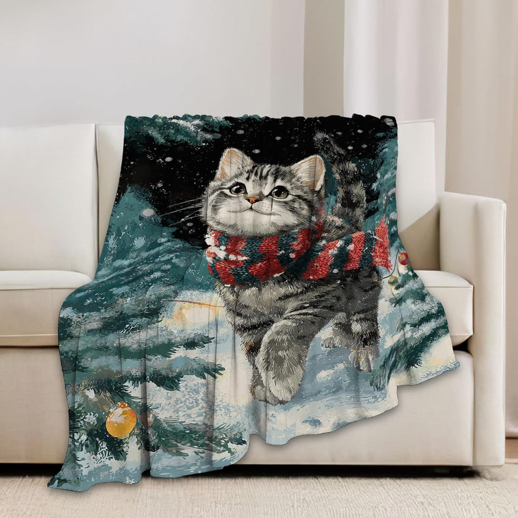 Cat Blanket Christmas Winter Night Throw Blankets Kitten Gifts for Girls Boys Kids Cat Lover Soft Cozy Fleece Plush for Couch Sofa Bed 80"x60"