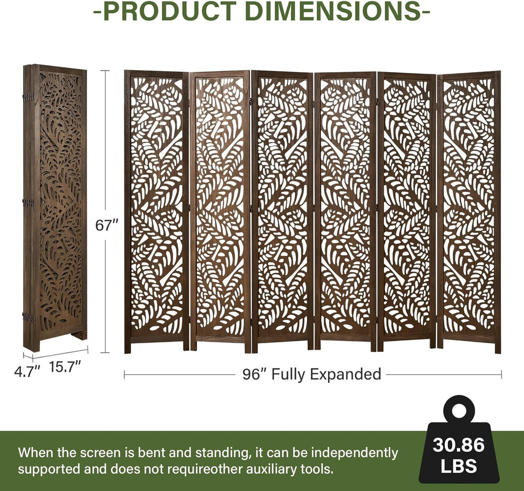 Leaf-Carved Room Divider Privacy Screen - 67 Inch Tall Foading Decorative Wood Screen Dividers Panel for Home - Natural Wood Room Partitions for Enhanced Privacy and Style Brown 6 Panel