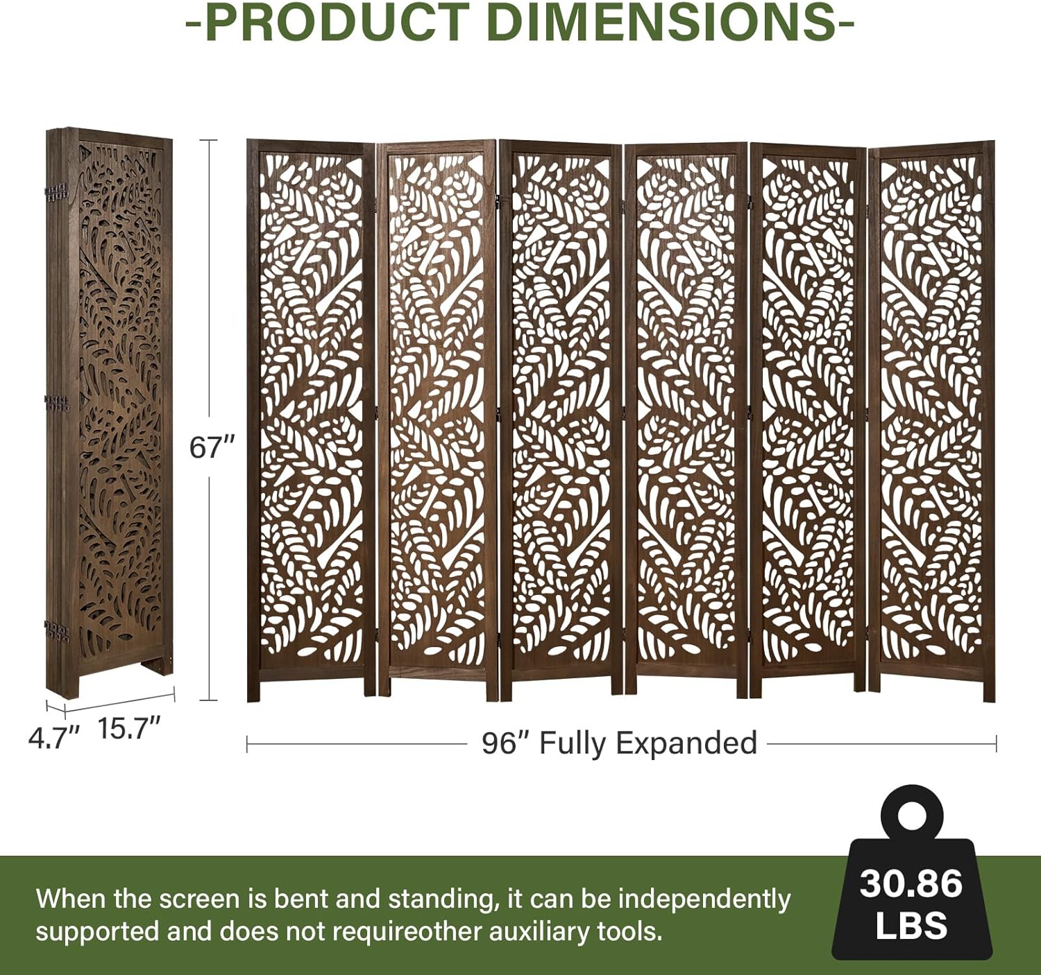 Leaf-Carved Room Divider Privacy Screen - 67 Inch Tall Foading Decorative Wood Screen Dividers Panel for Home - Natural Wood Room Partitions for Enhanced Privacy and Style Brown 6 Panel